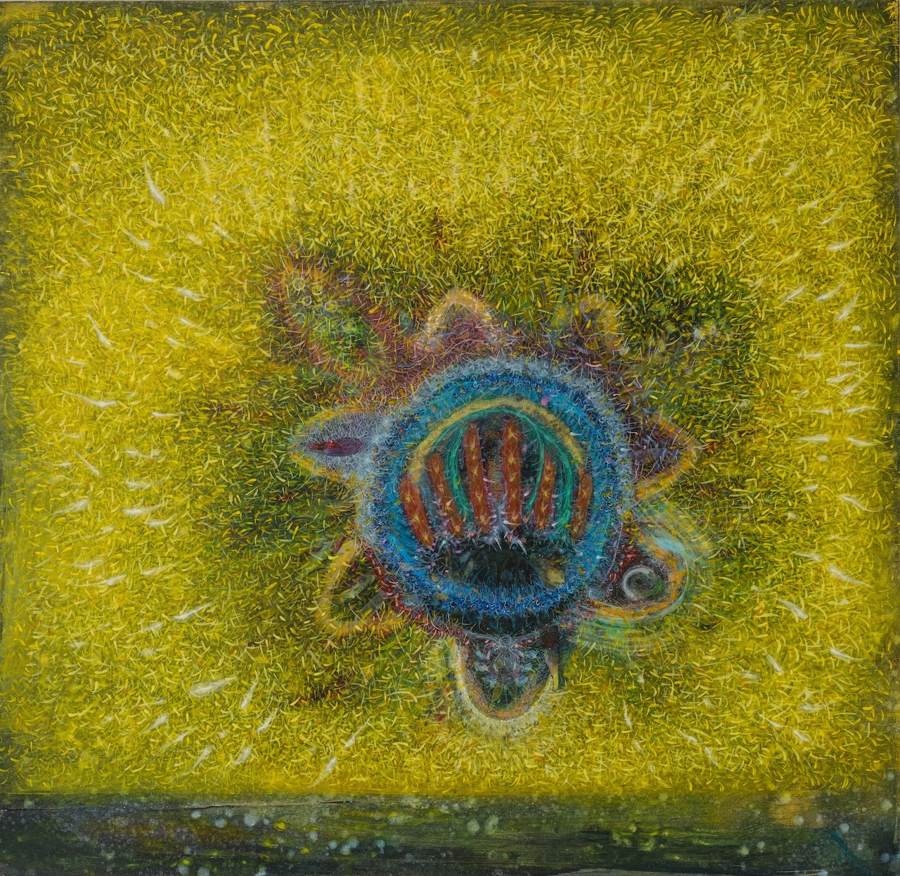 A textured, psychedelic portrait of a face emerging from a vibrant yellow field.