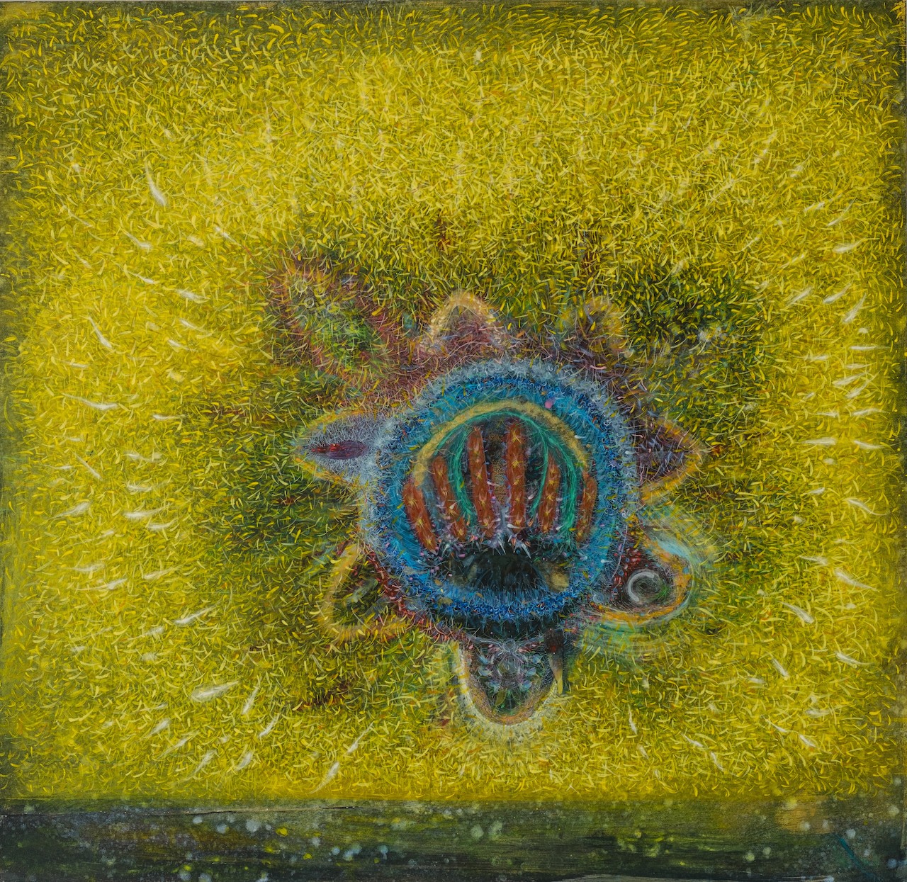 A textured, psychedelic portrait of a face emerging from a vibrant yellow field.