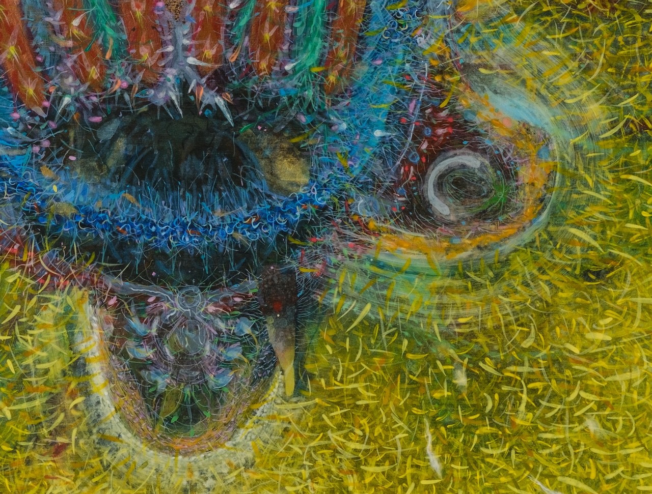 A textured, psychedelic portrait of a face emerging from a vibrant yellow field.