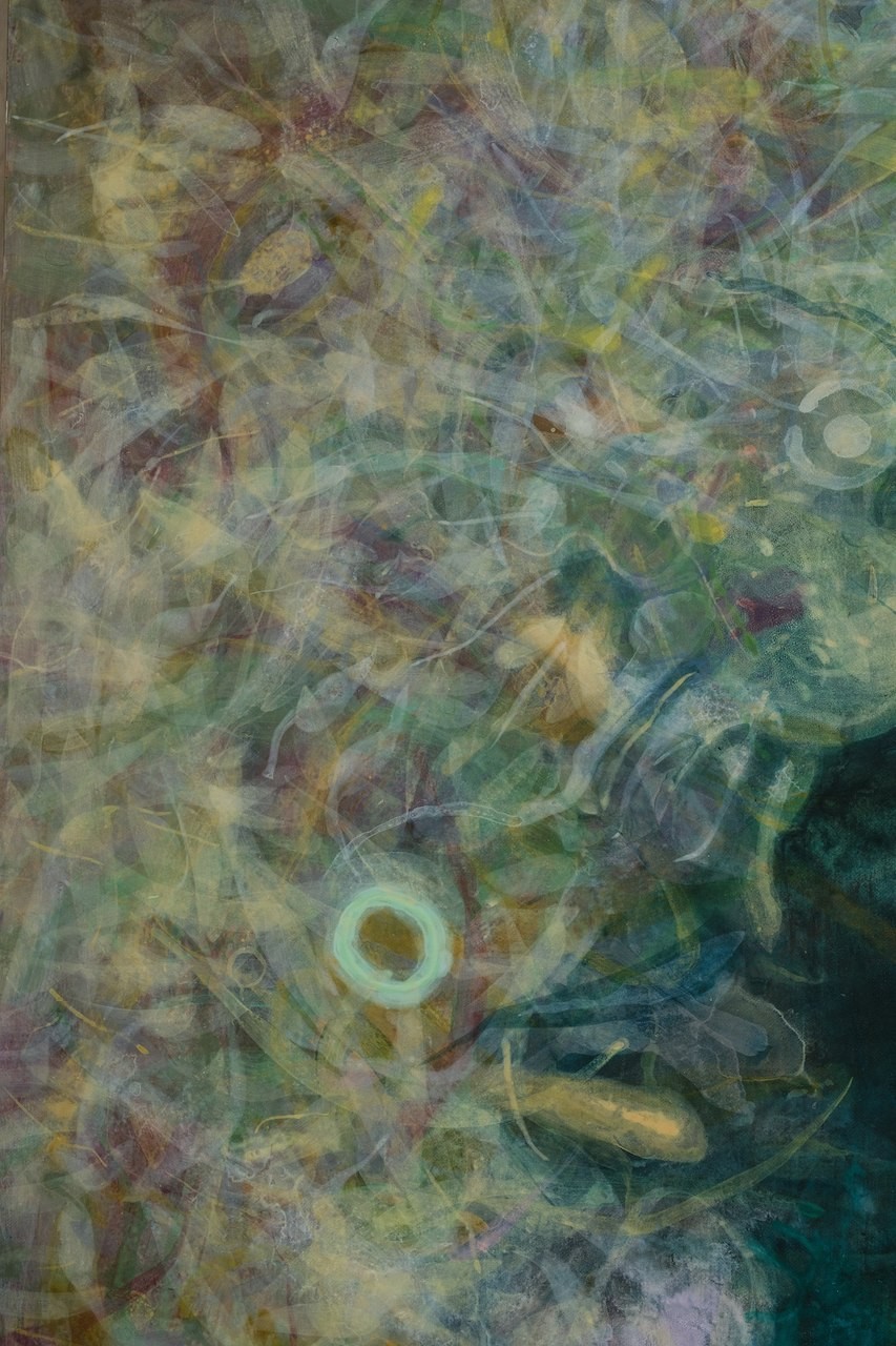 A painting of a green and yellow abstract painting.