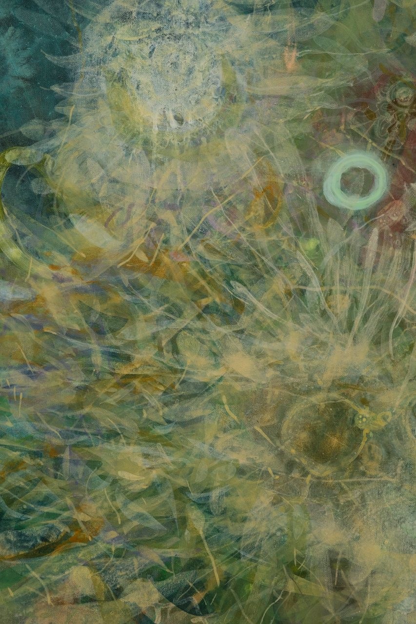 A painting of a green and yellow abstract painting.