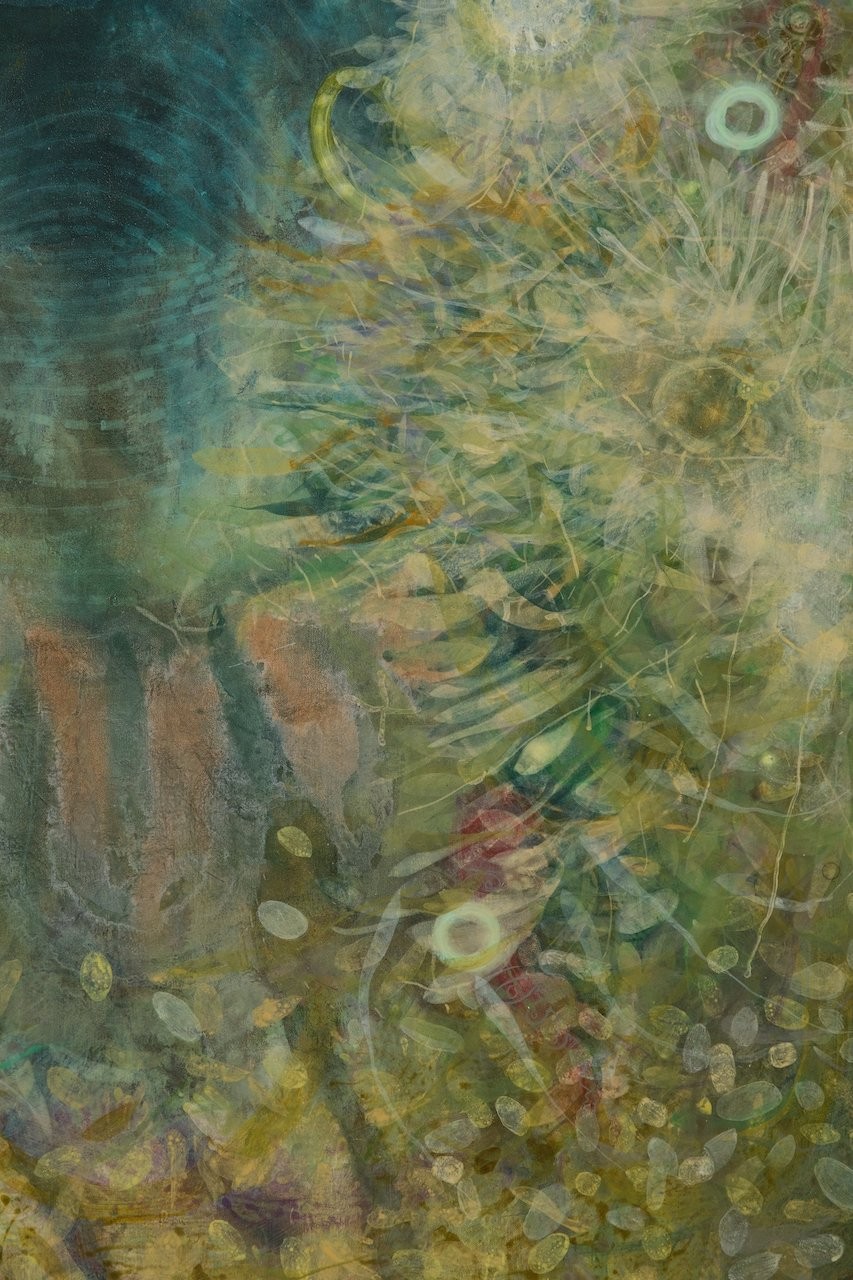 A painting of a green and yellow abstract painting.