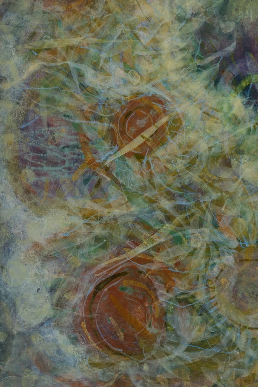 A painting of a green and yellow abstract painting.