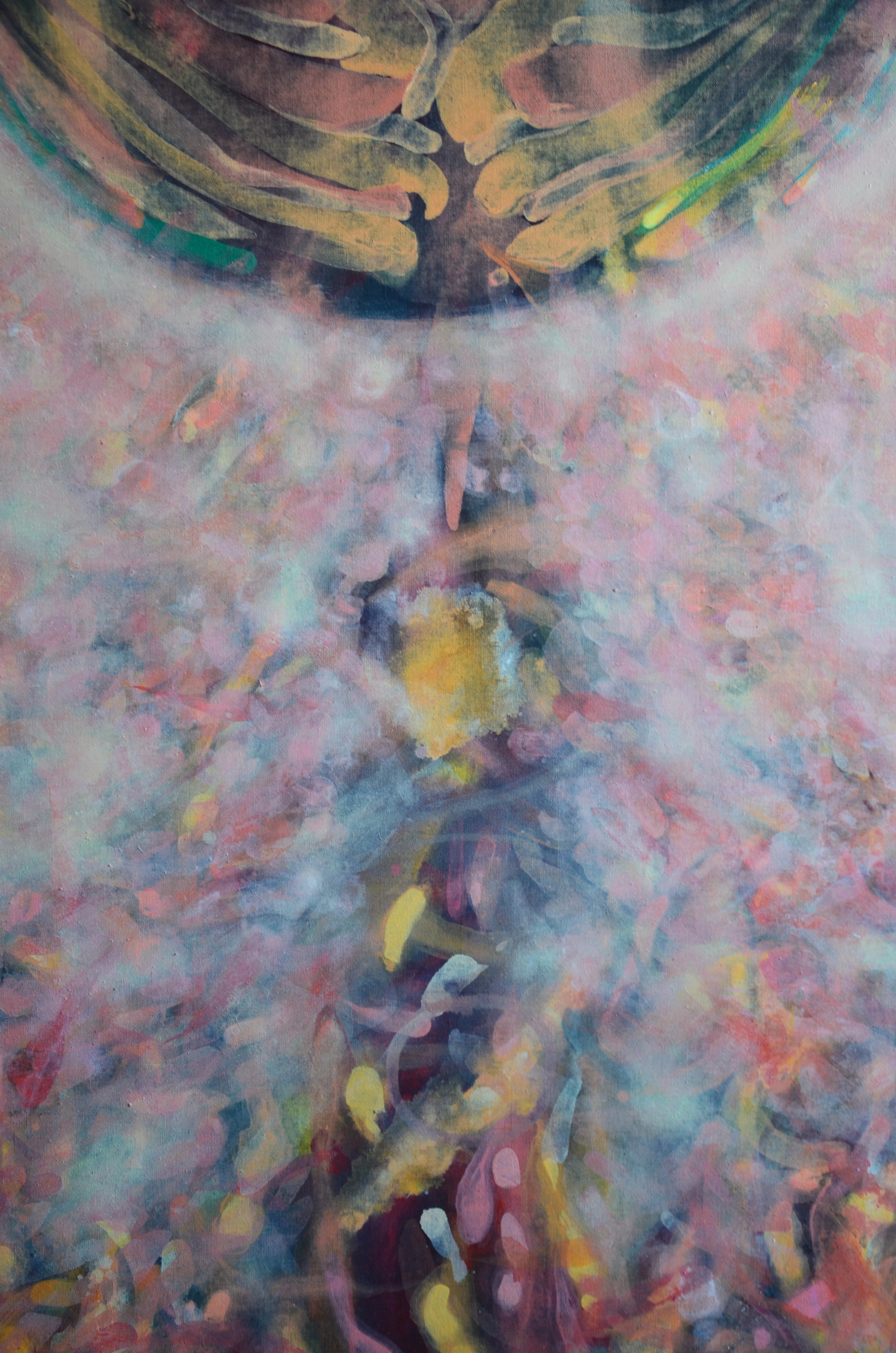 A swirling abstract composition featuring a central spiral form surrounded by radiating brushstrokes.
