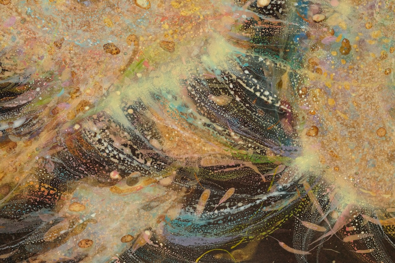 An abstract, textured composition featuring a central dark form surrounded by splattered gold and earthy tones.