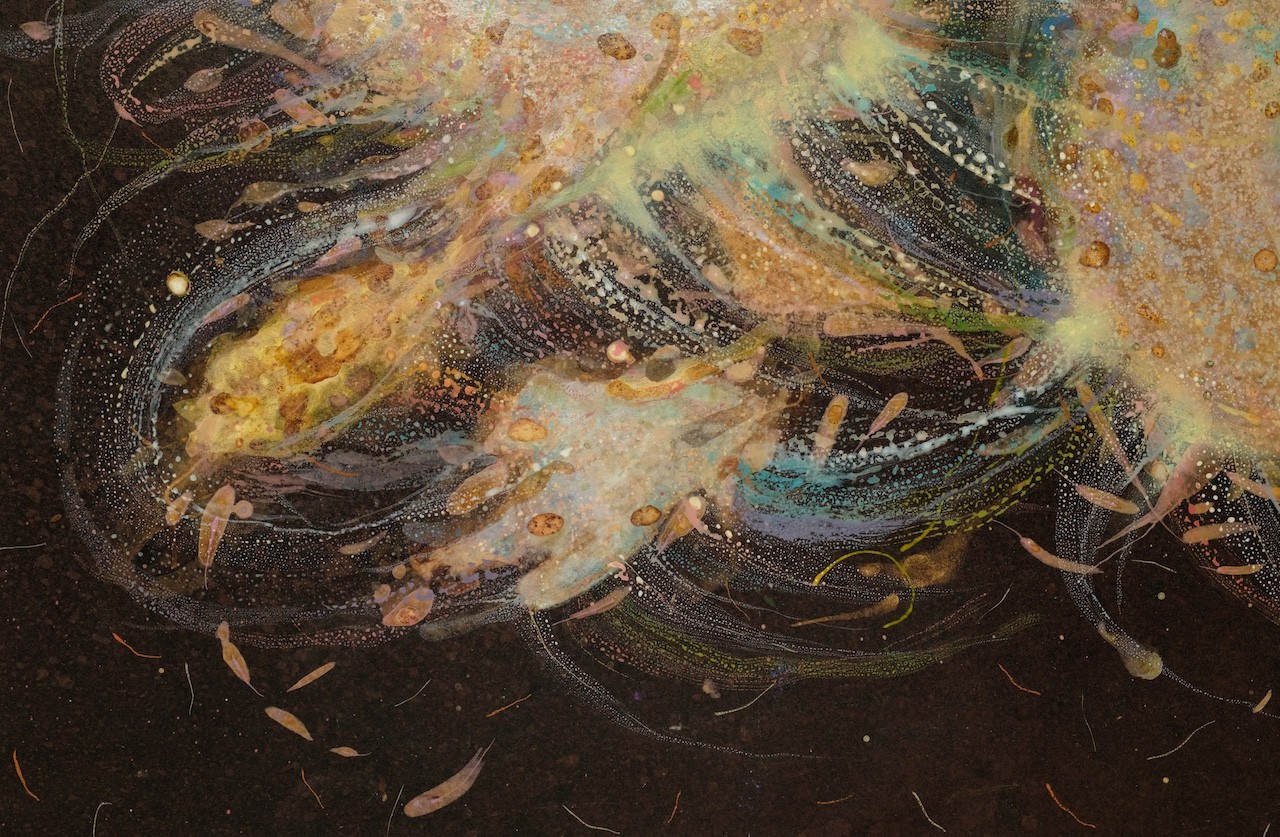 An abstract, textured composition featuring a central dark form surrounded by splattered gold and earthy tones.