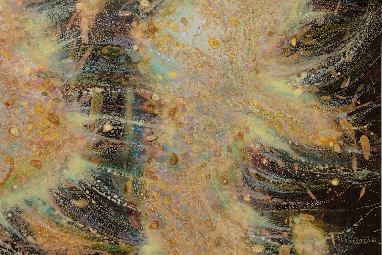 An abstract, textured composition featuring a central dark form surrounded by splattered gold and earthy tones.