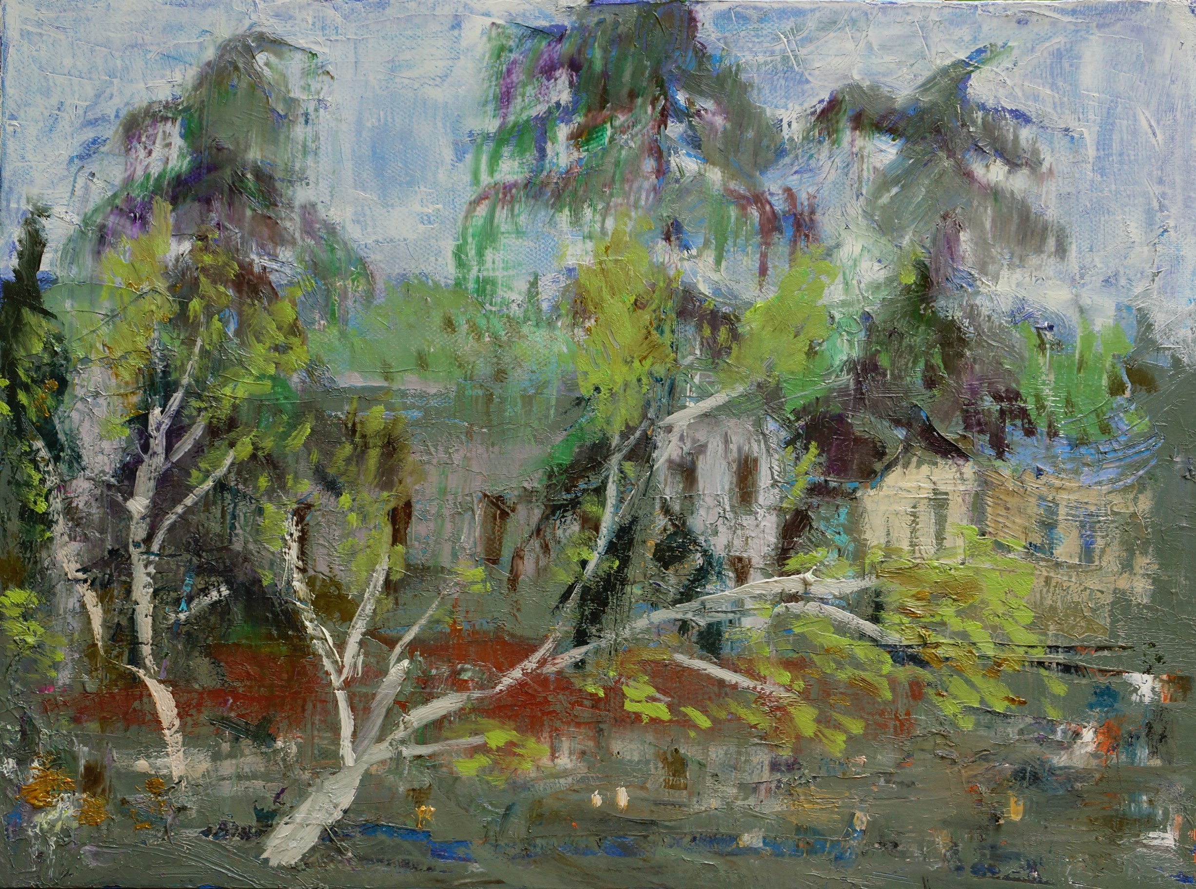A painting of trees in front of a house.
