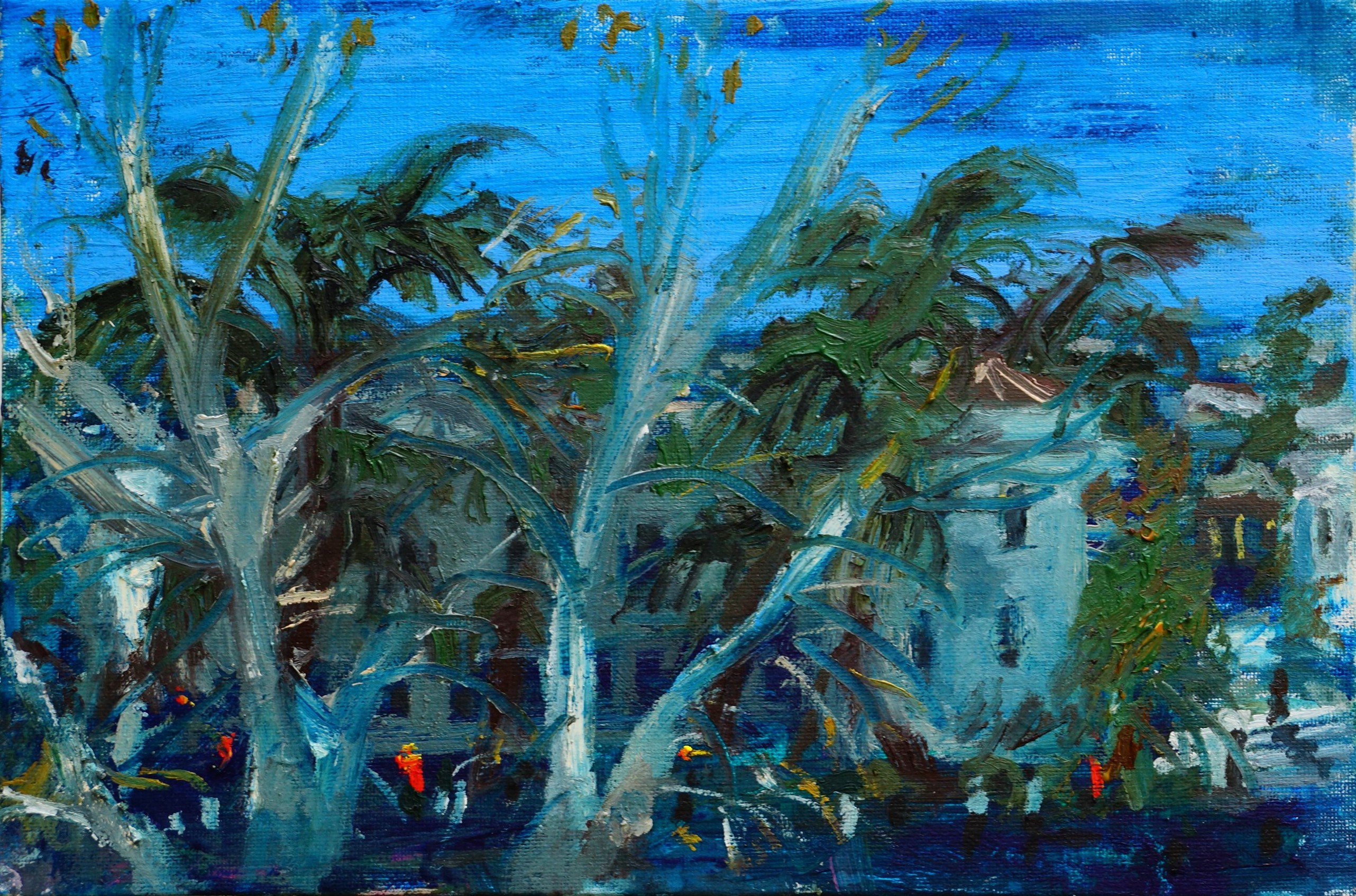 A painting of palm trees in front of a blue sky.