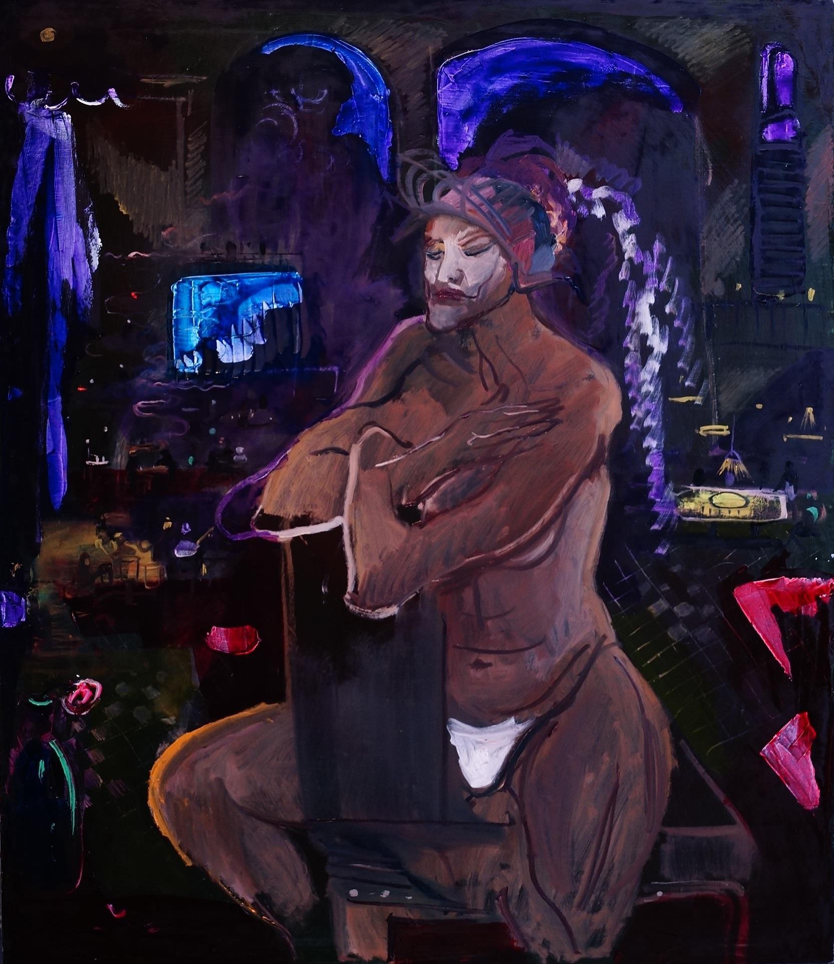 A painting of a man sitting on a chair in a room.