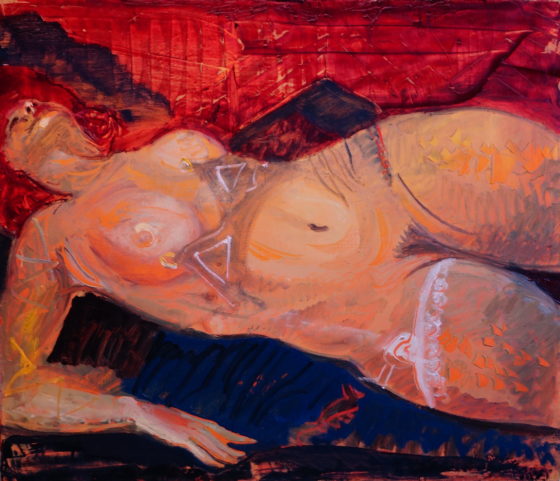 A painting of a nude woman laying down on a bed.