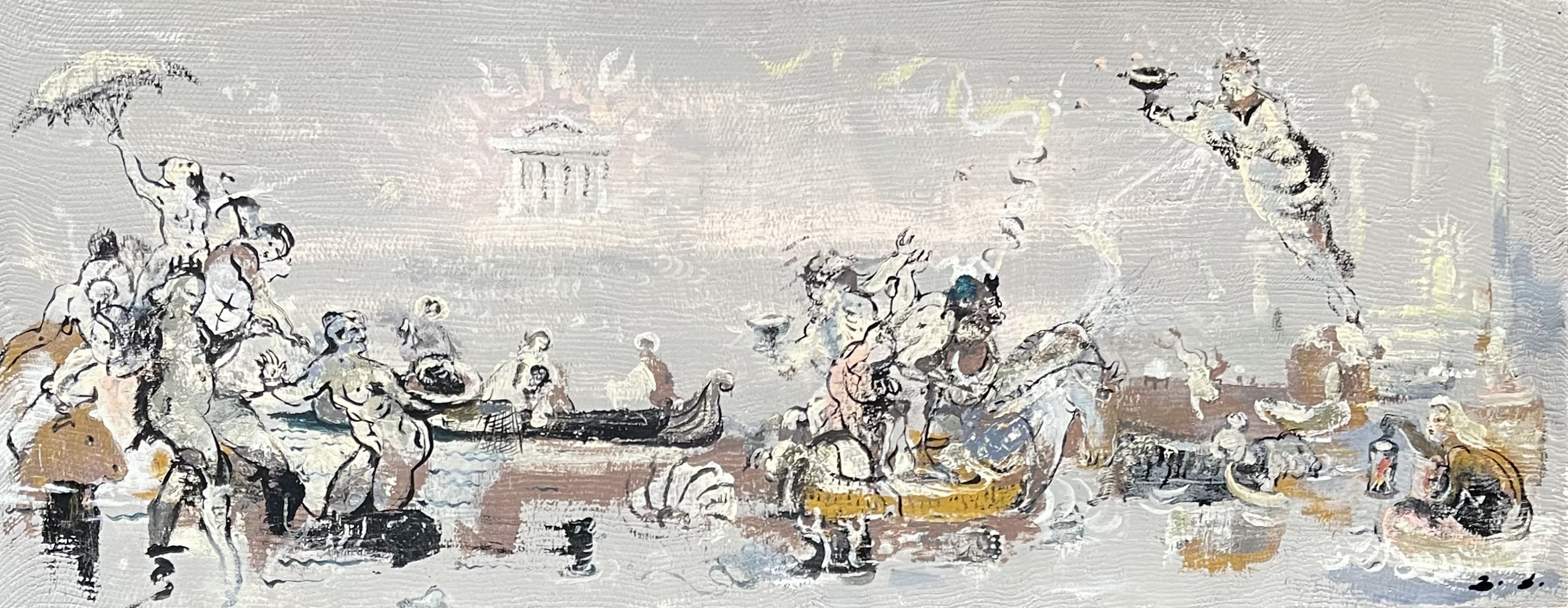 A painting of a group of people on a boat in the water.