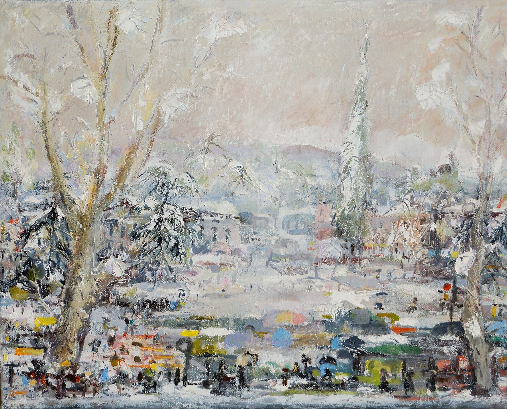 A painting of a snowy landscape with people walking in the snow.