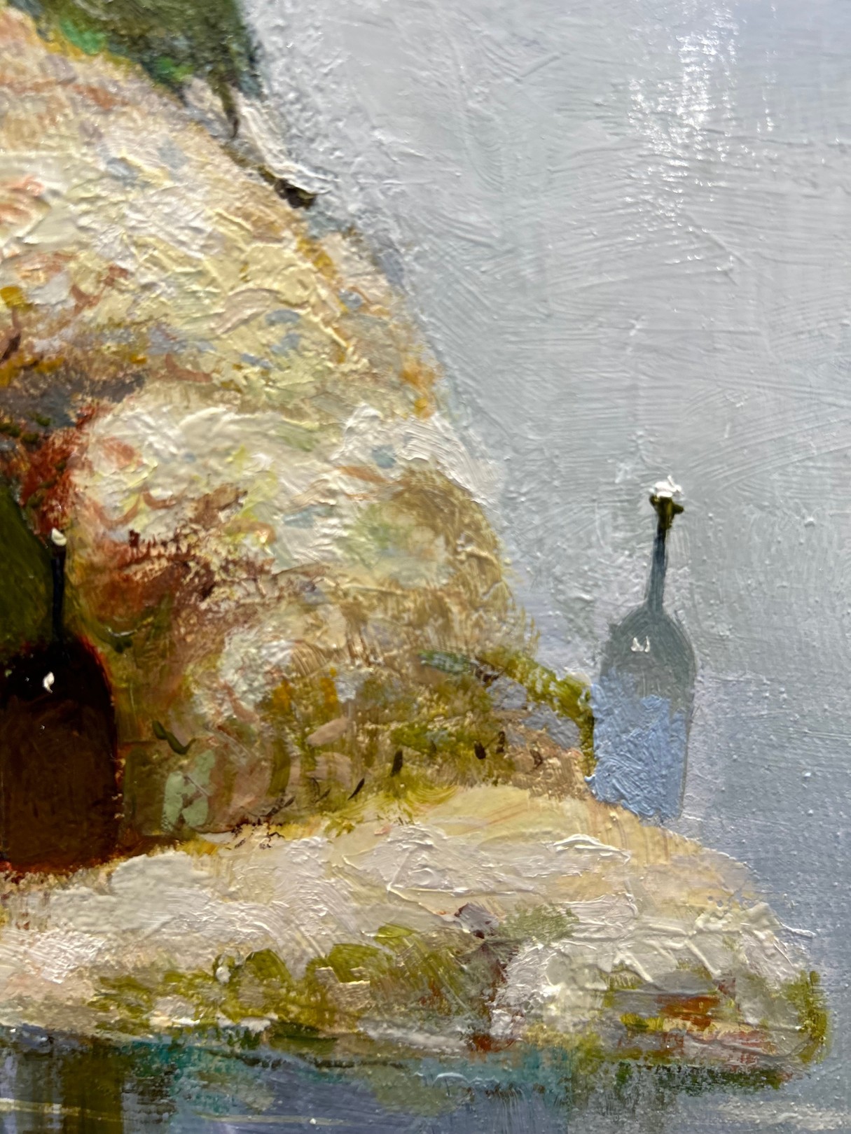 A surreal oil painting of a giant pear-shaped island with figures, bottles, and balloons floating over water.