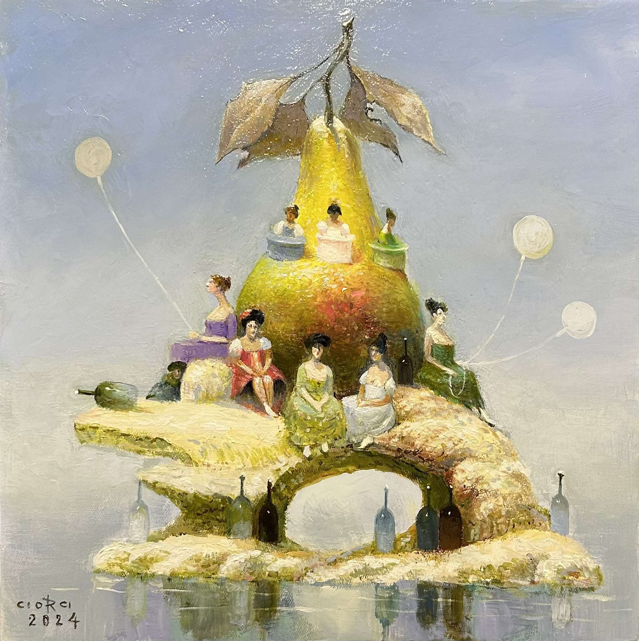 A surreal oil painting of a giant pear-shaped island with figures, bottles, and balloons floating over water.
