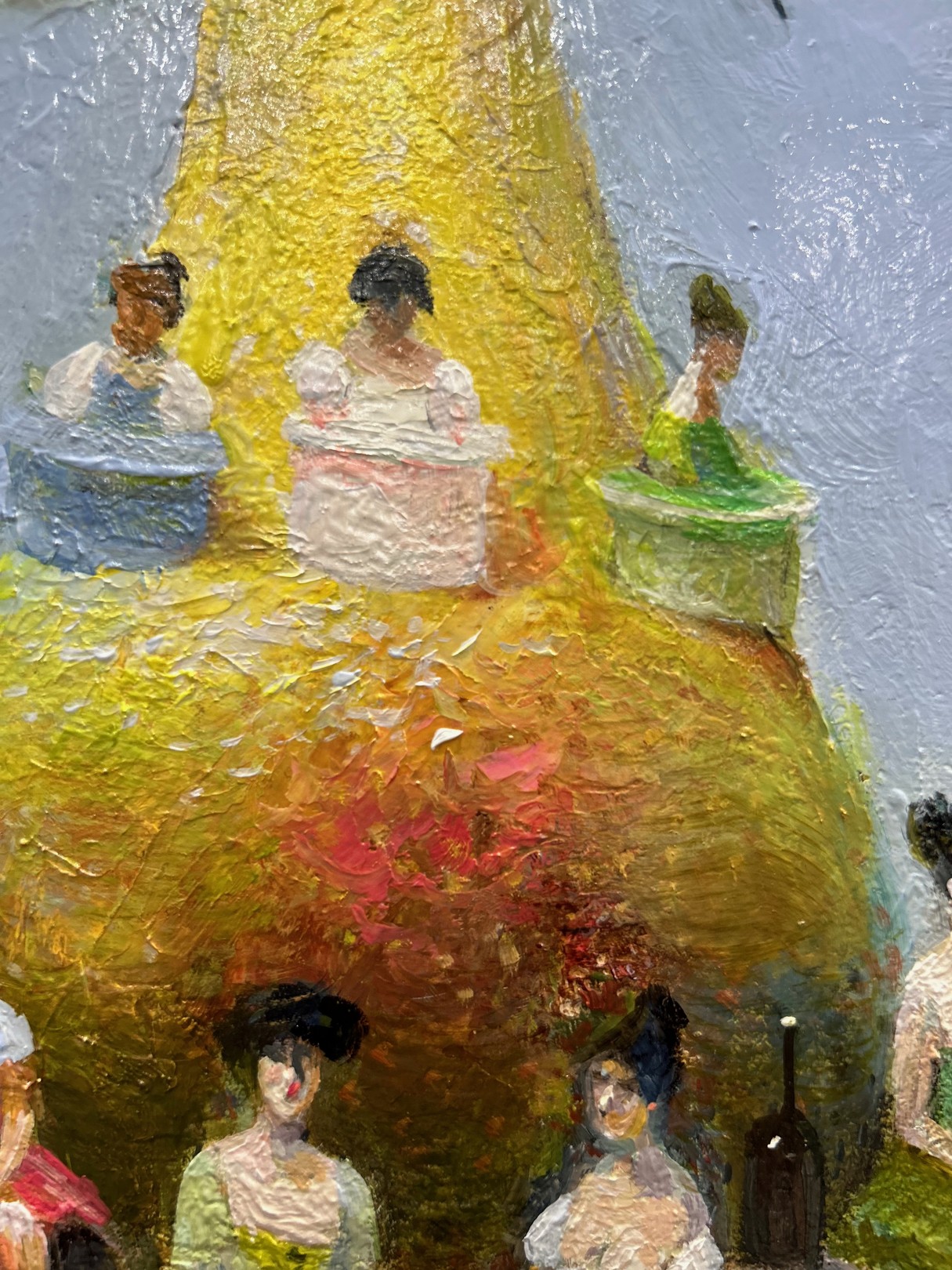 A surreal oil painting of a giant pear-shaped island with figures, bottles, and balloons floating over water.