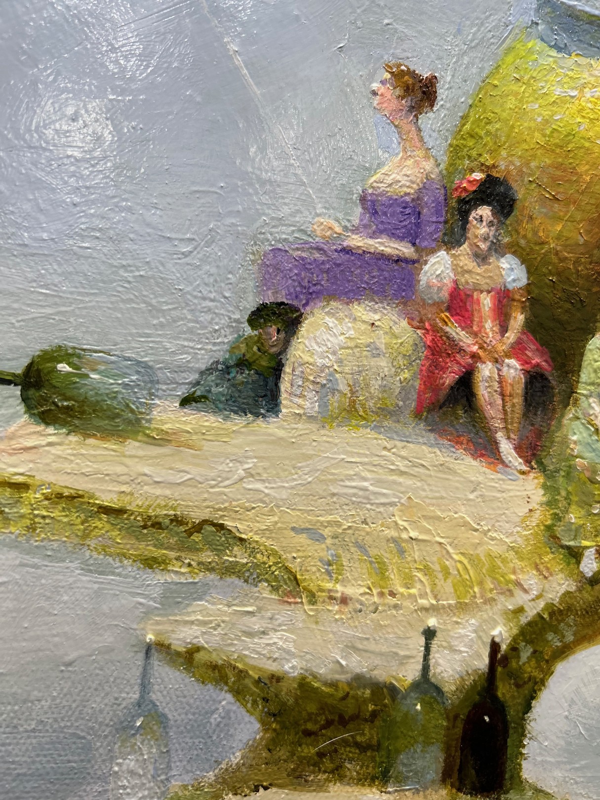 A surreal oil painting of a giant pear-shaped island with figures, bottles, and balloons floating over water.
