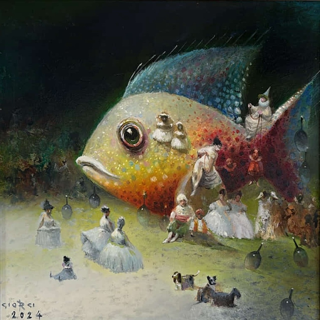 A surreal painting featuring a giant fish surrounded by tiny figures in a dreamlike landscape.