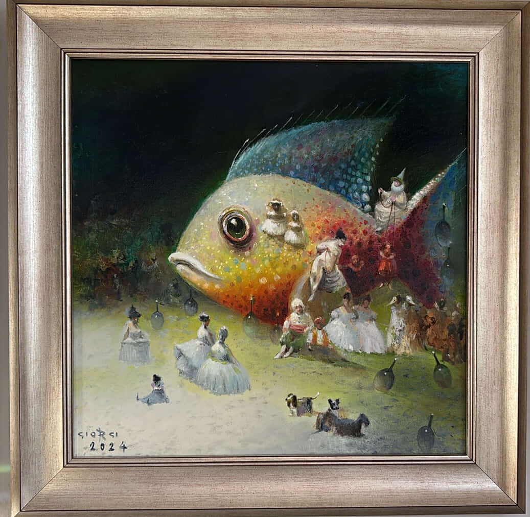 A surreal painting featuring a giant fish surrounded by tiny figures in a dreamlike landscape.