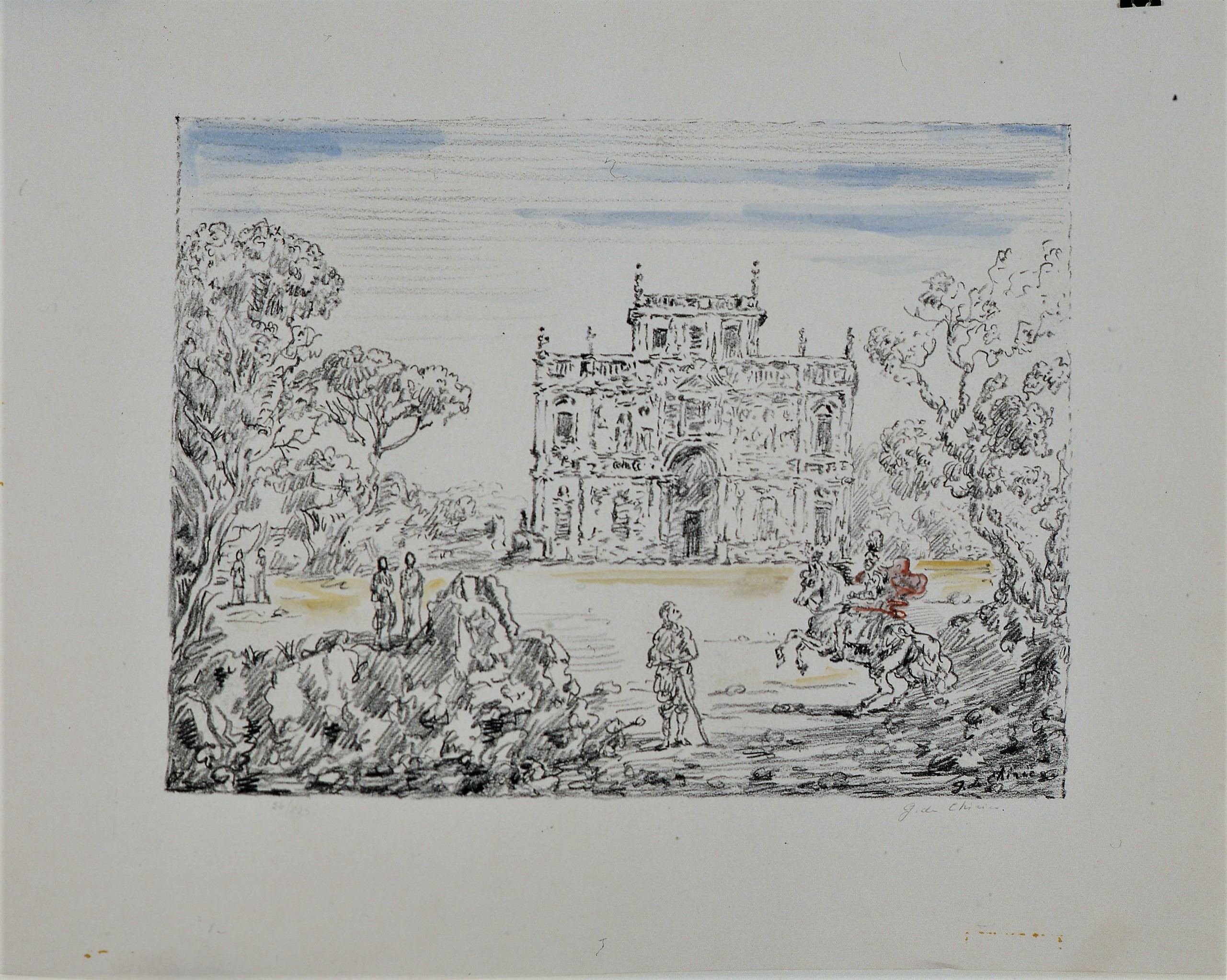 Artwork by Giorgio de Chirico, Antichi cavalieri e villa, Made of Offset Lithography, Tracing Paper 