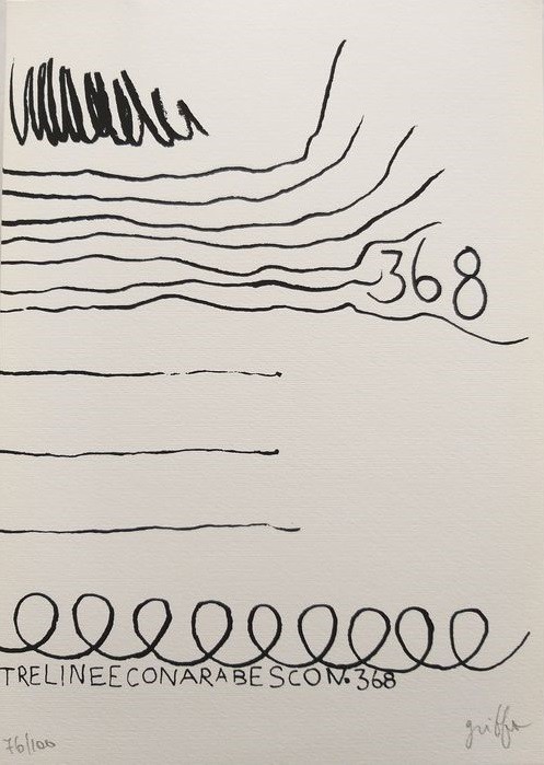Artwork by Giorgio Griffa, Tre linee con arabesco n. 368, Made of Screen Print, Tirage Fine Art 