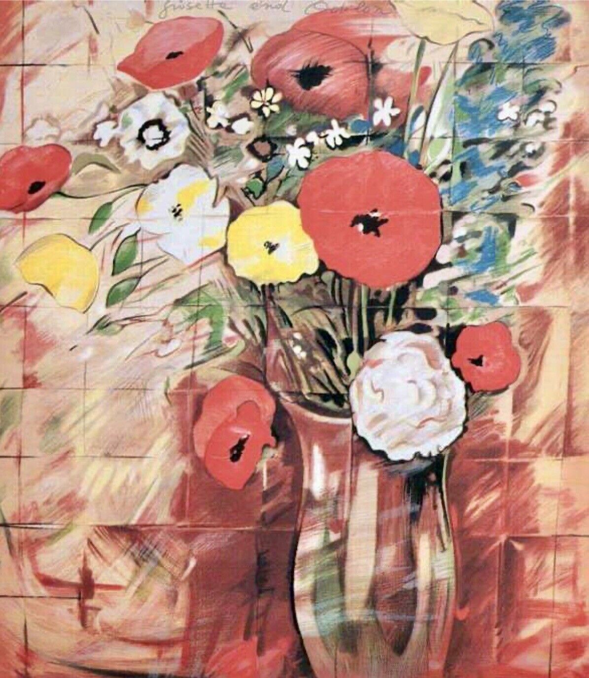 A painting of flowers in a vase on a table.