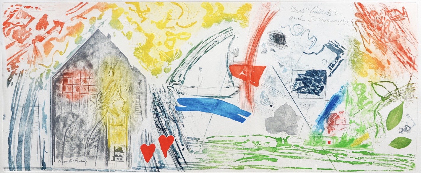 A painting of a house with a sailboat in the background.