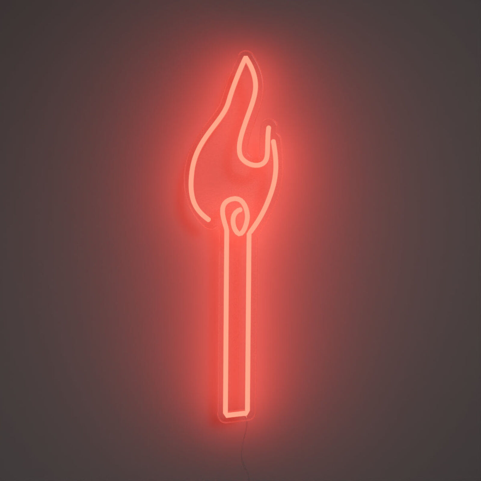 A red neon sign with a flame on it.