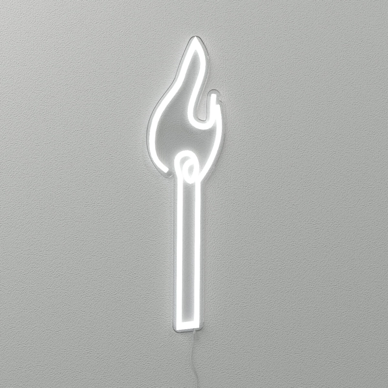 A white neon sign with a flame on it.
