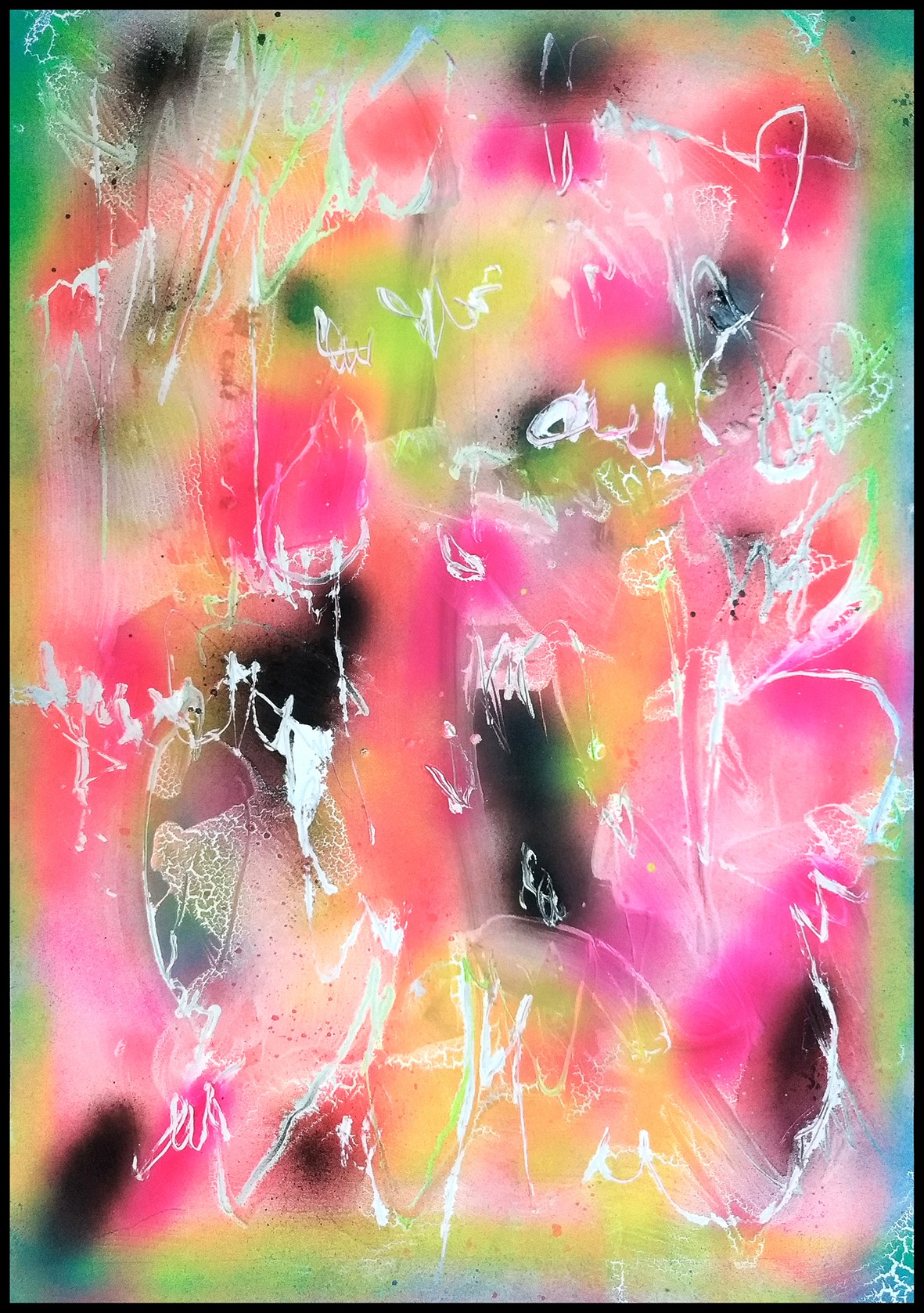 An abstract composition of layered spray paint marks and vibrant color fields.