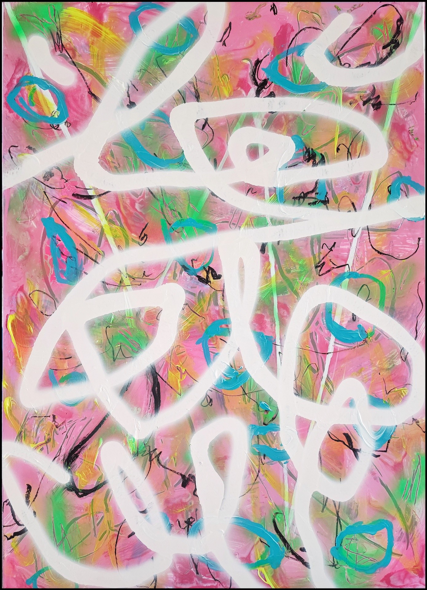 A vibrant abstract composition featuring bold white lines over a colorful, textured background.