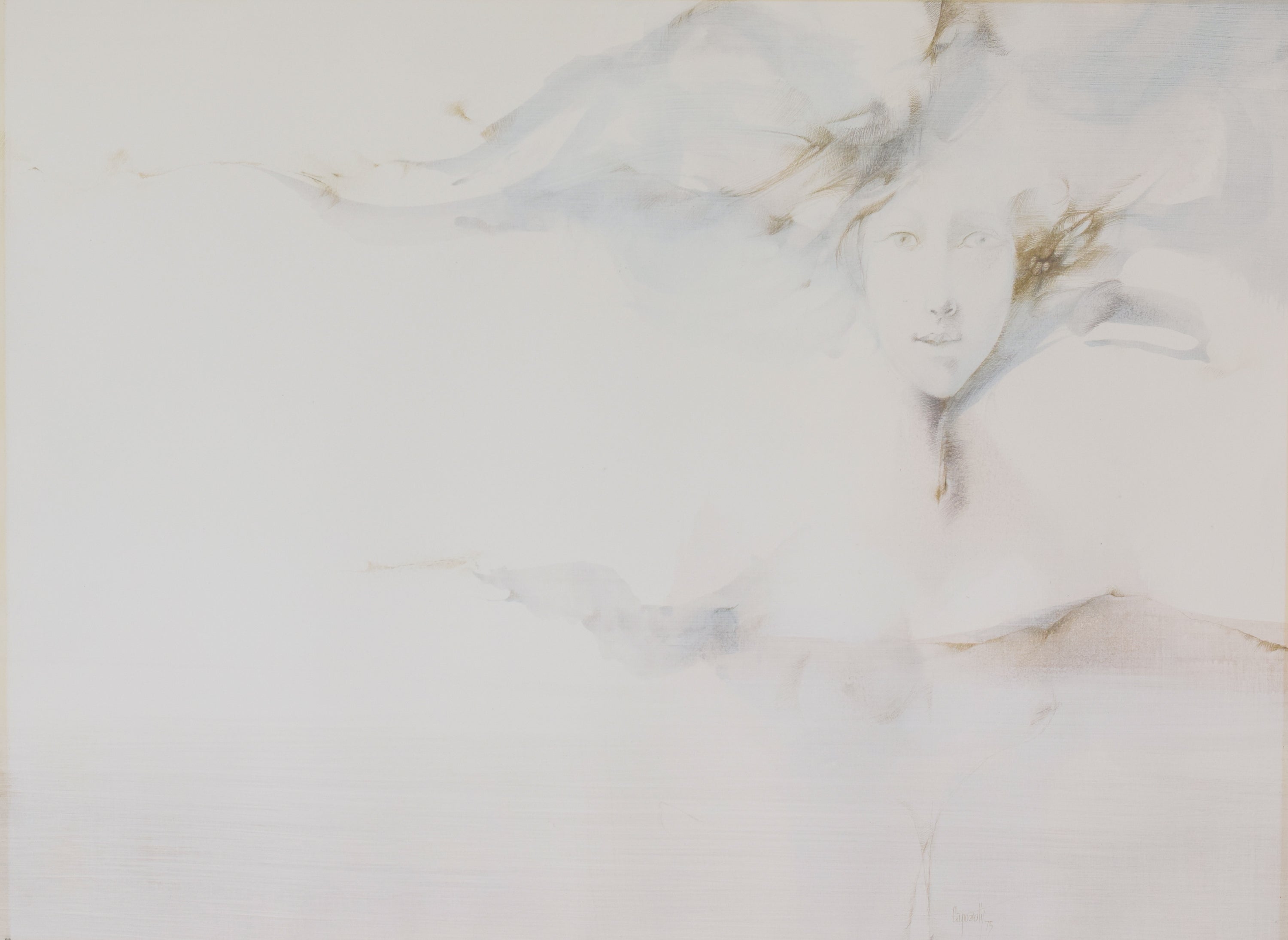 A drawing of a woman with her hair blowing in the wind.