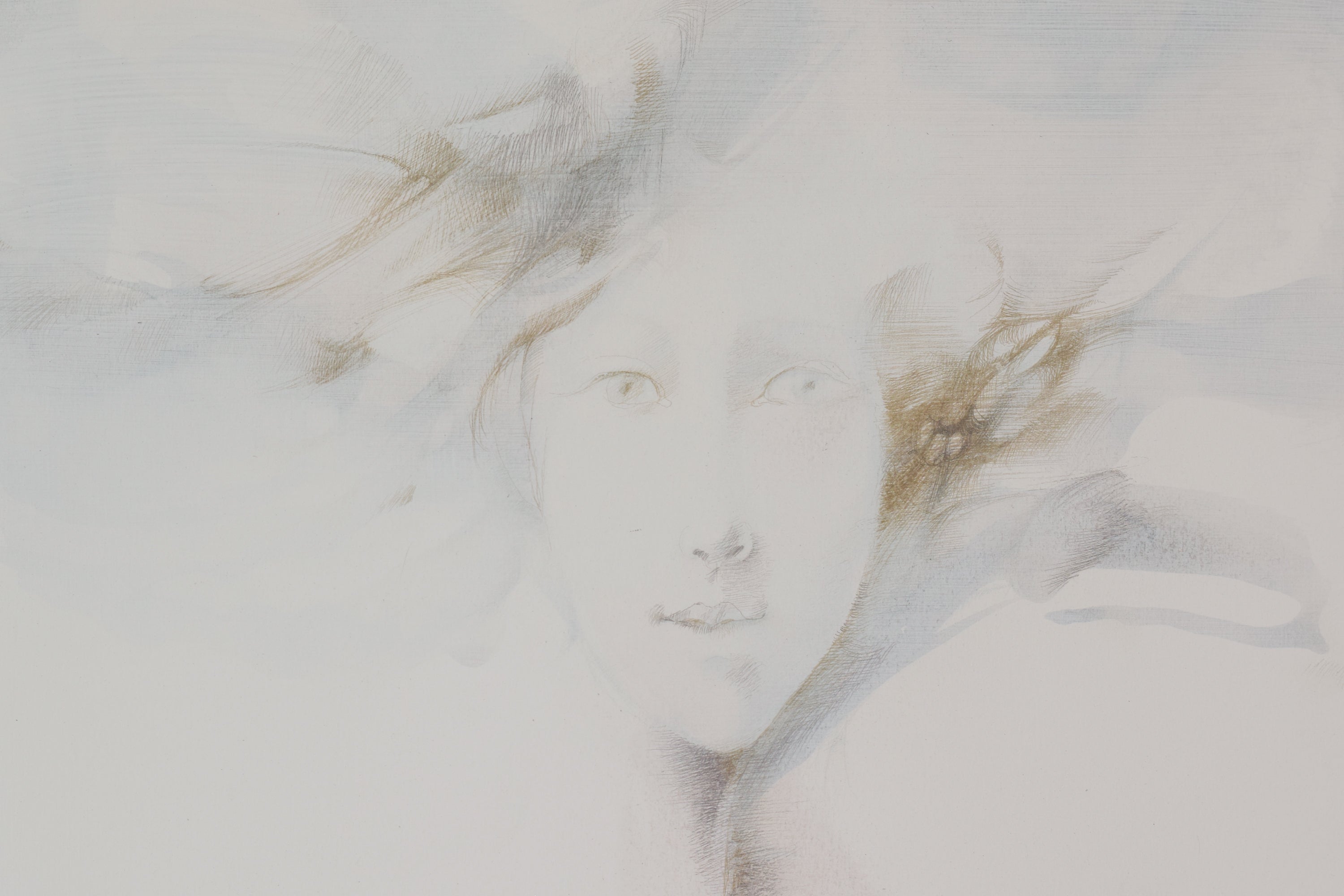 A drawing of a woman with her hair blowing in the wind.