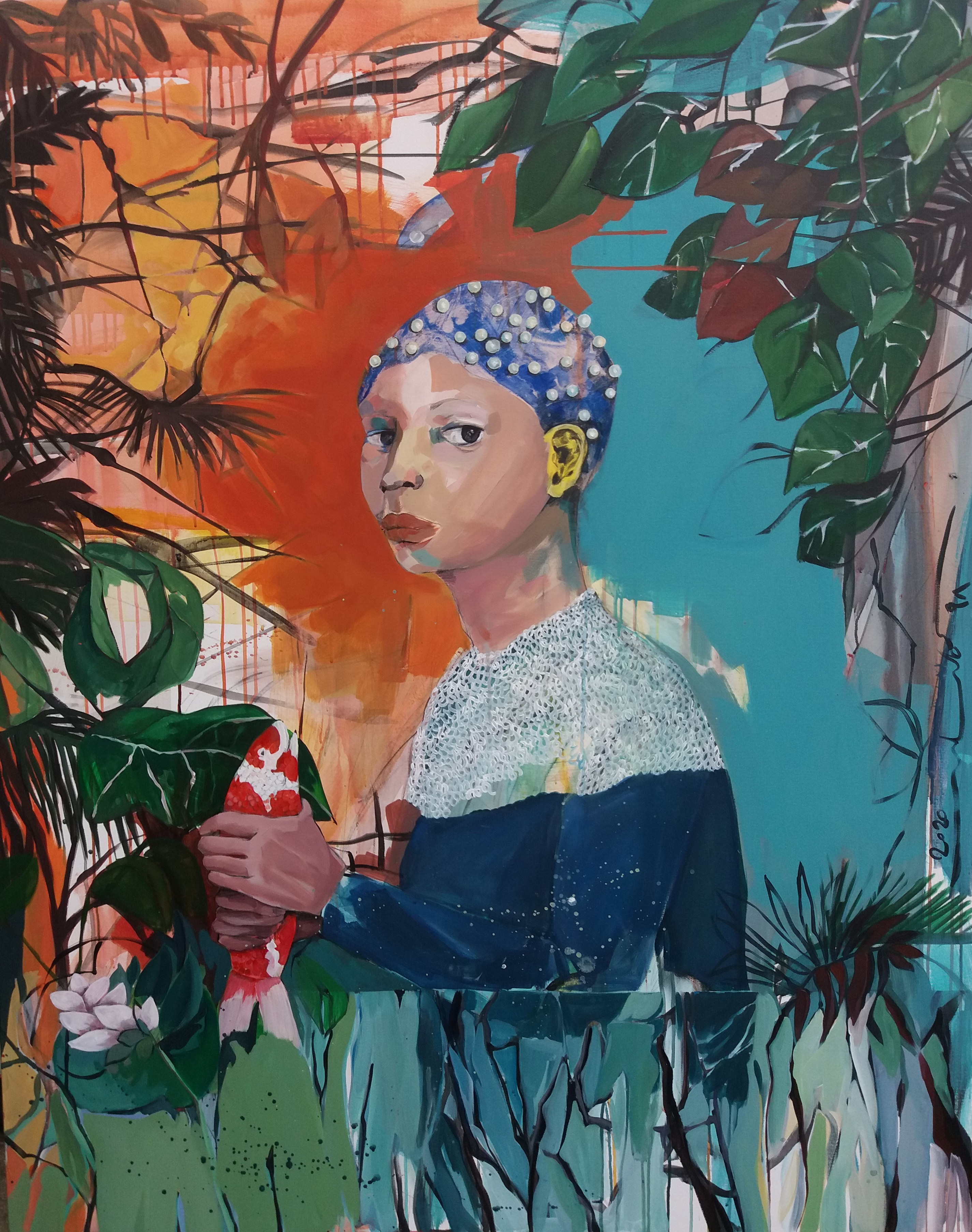 A painting of a woman holding a flower in her hand.