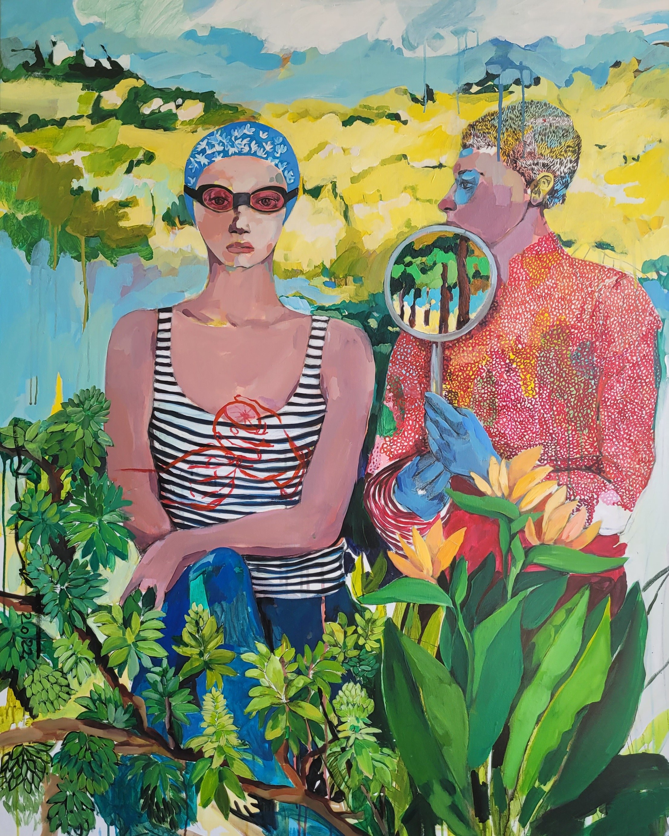 A painting of a man and a woman looking at a mirror.