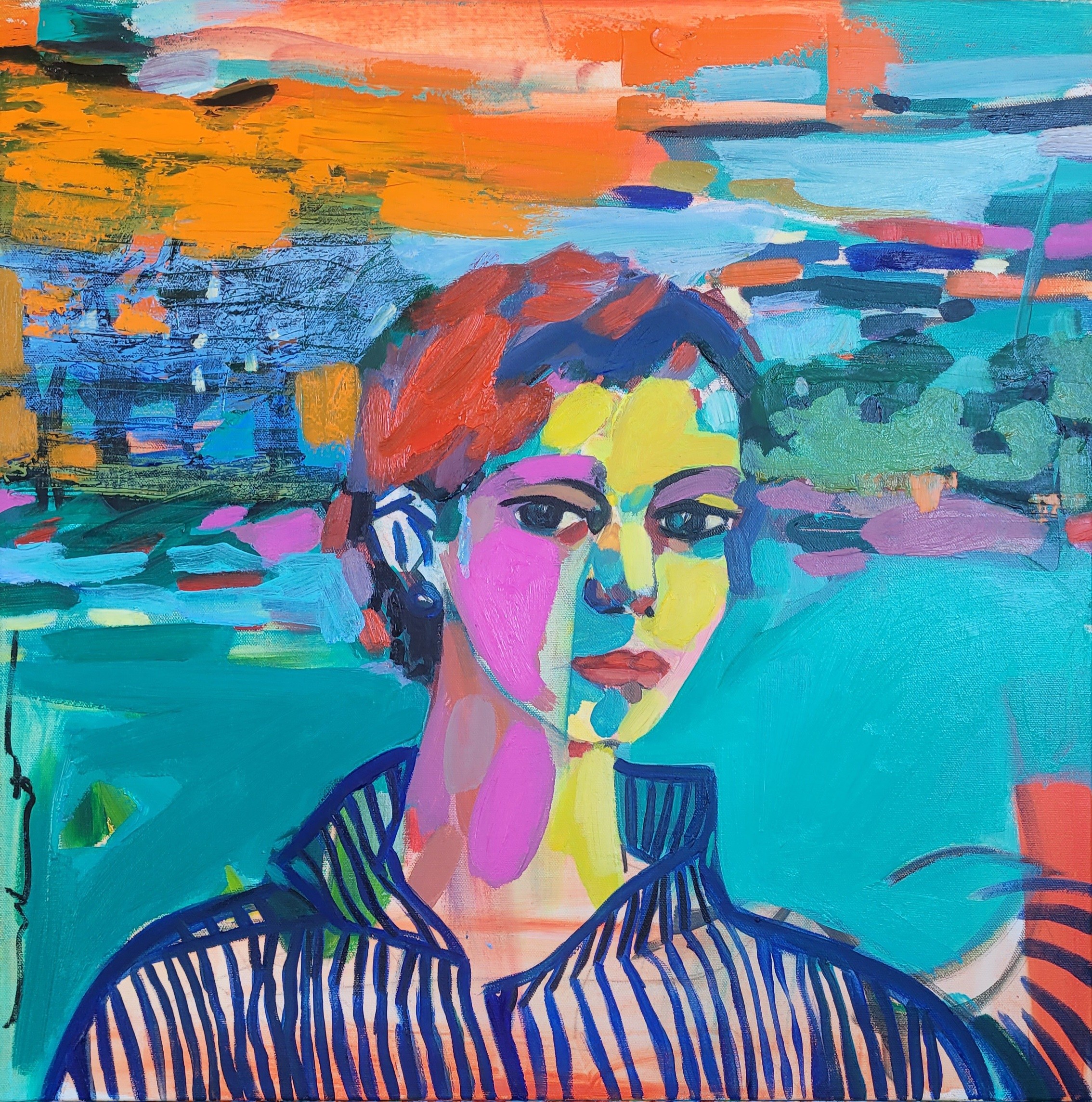 A painting of a woman in a striped shirt.
