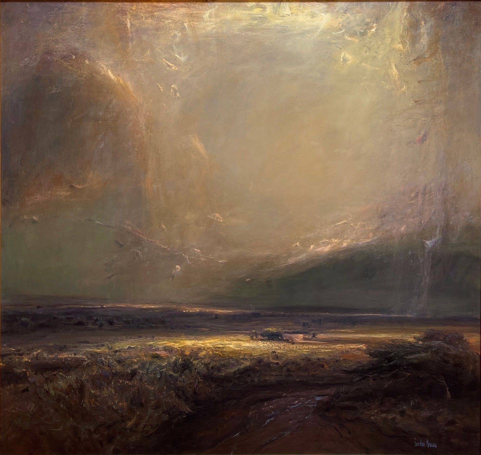A dramatic landscape painting featuring a vast, hazy sky and a dark, textured foreground.