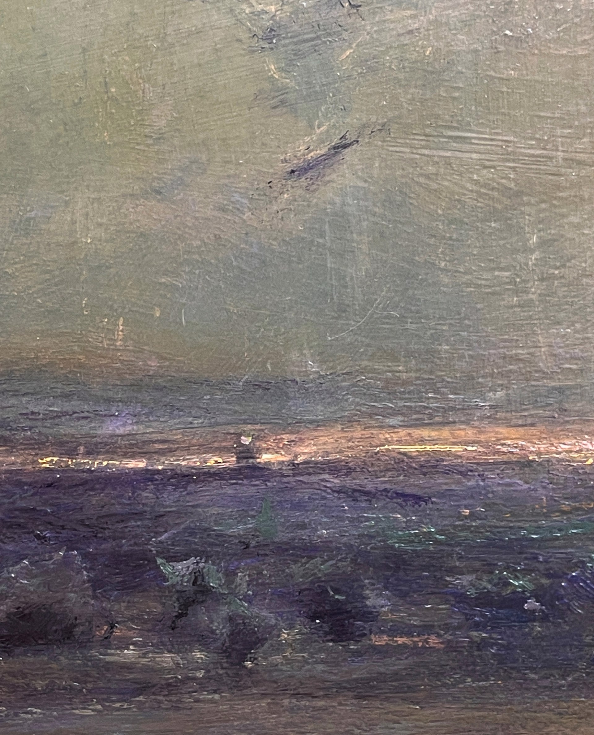 A dramatic landscape painting featuring a vast, hazy sky and a dark, textured foreground.