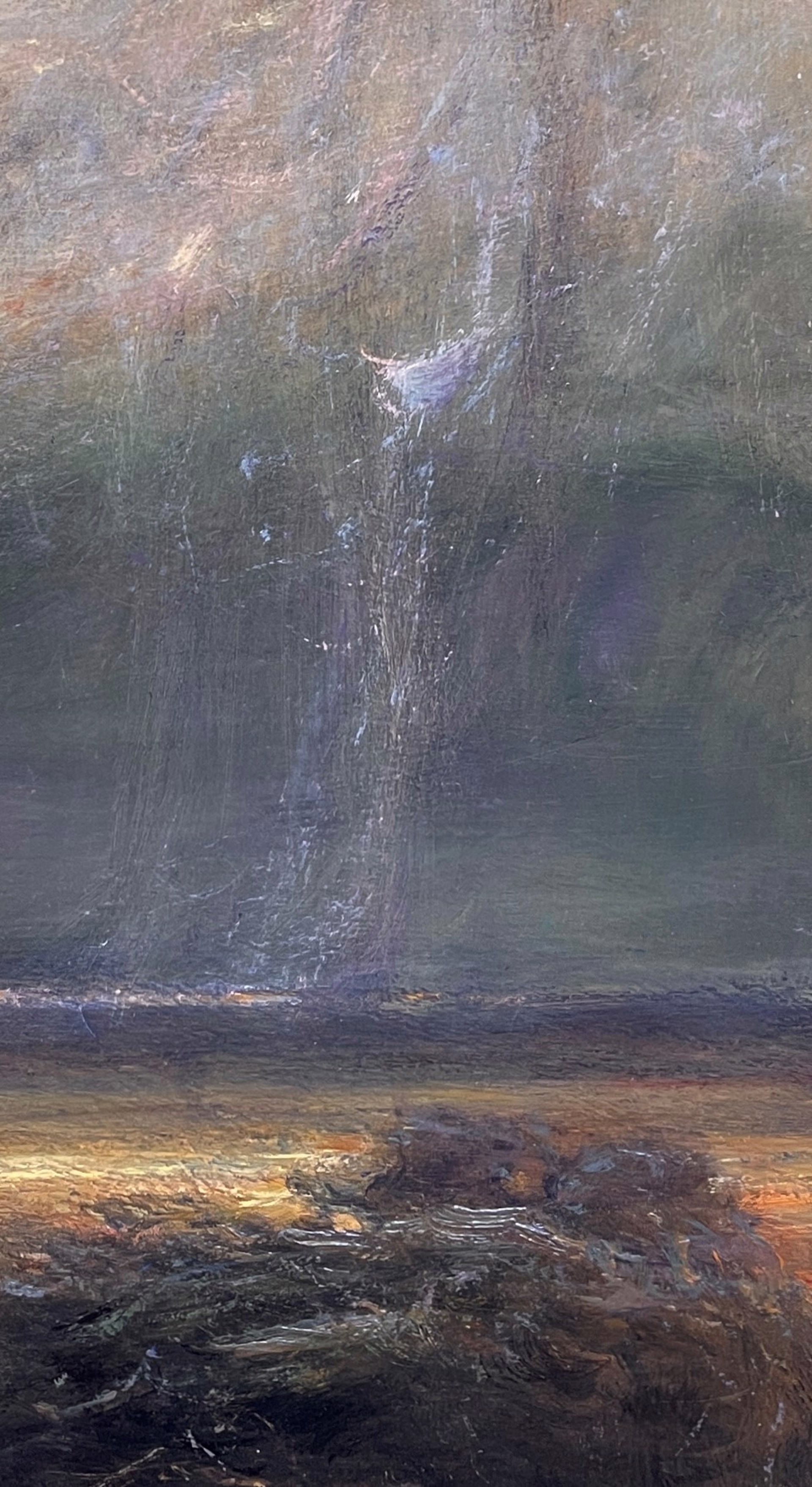 A dramatic landscape painting featuring a vast, hazy sky and a dark, textured foreground.