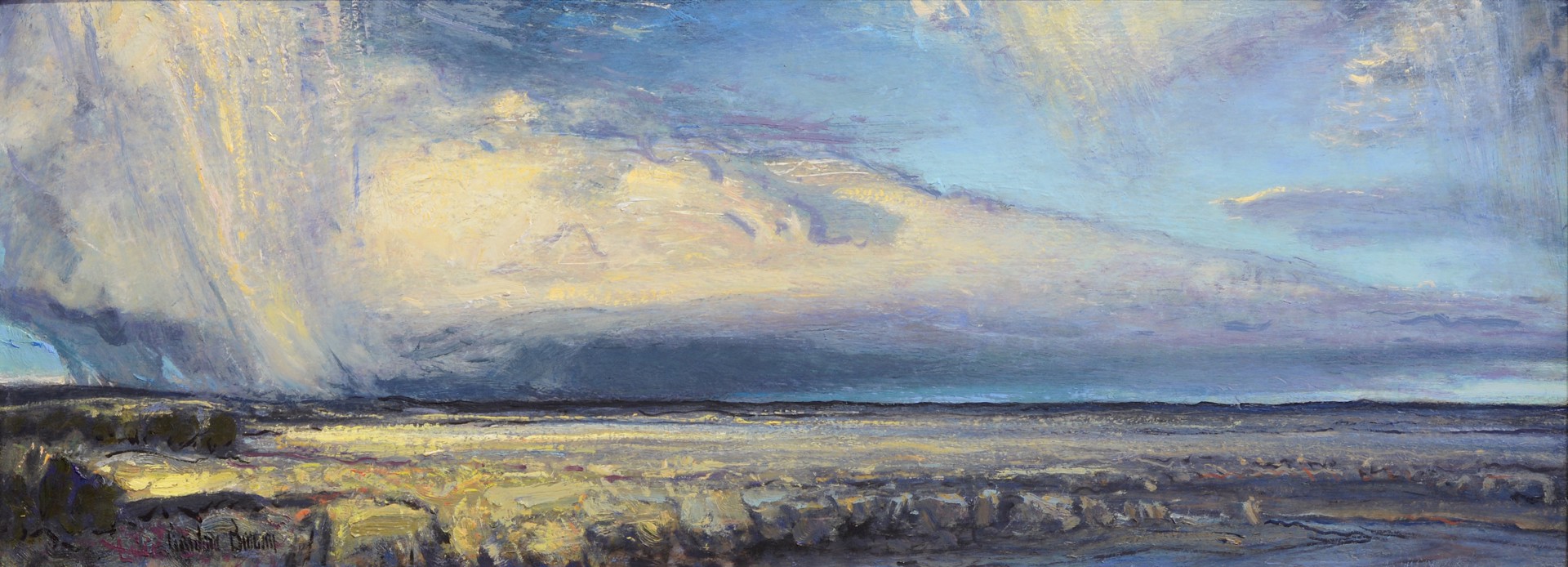A painting of a cloudy sky over a body of water.
