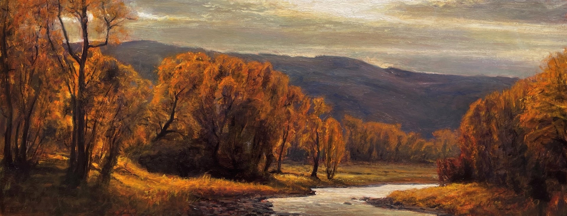 A painting of a river in the middle of a forest.