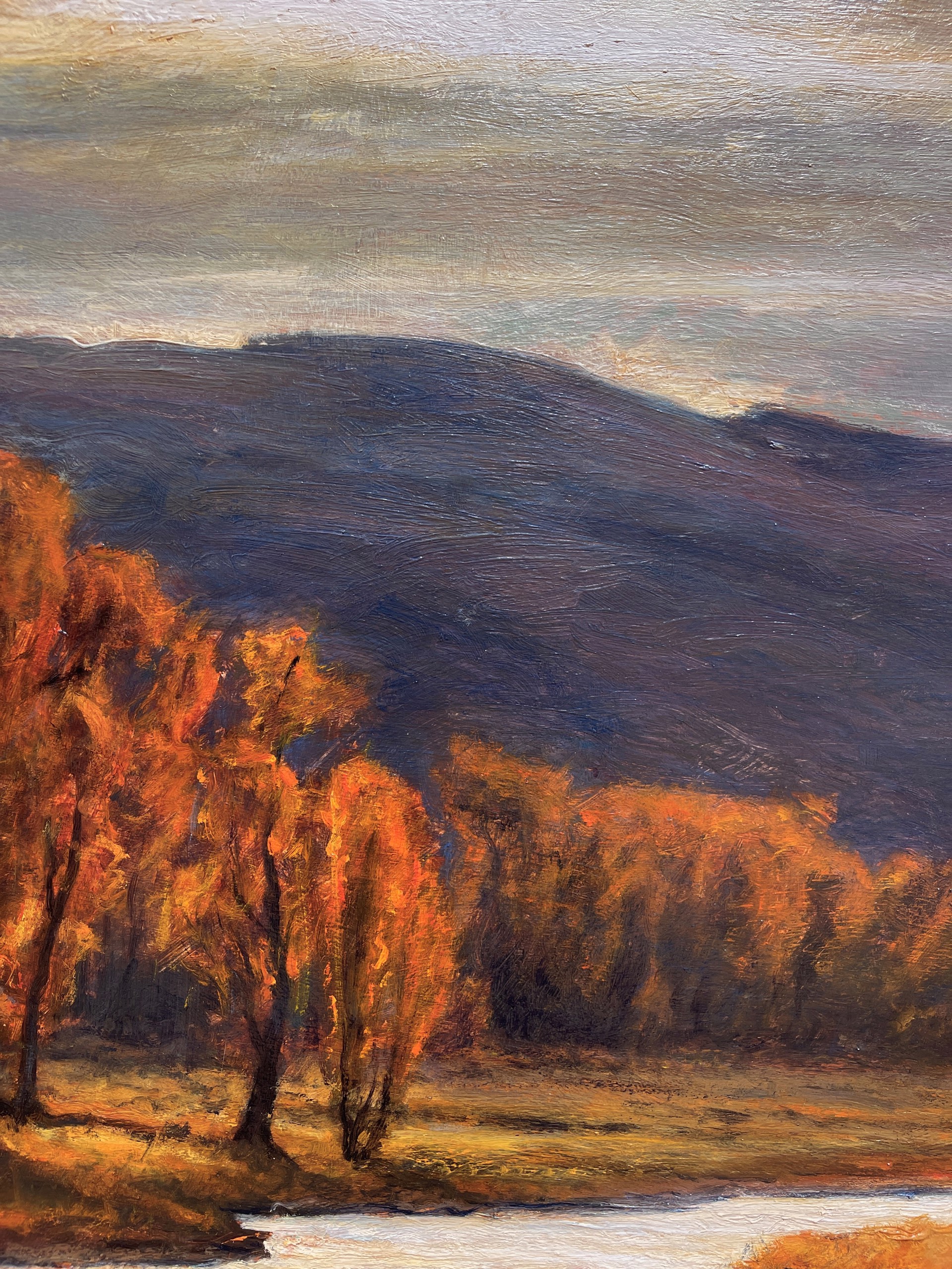 A painting of a river in the middle of a forest.