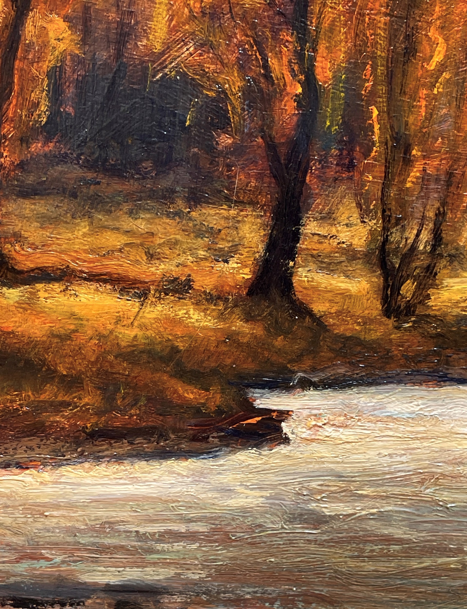 A painting of a river in the middle of a forest.