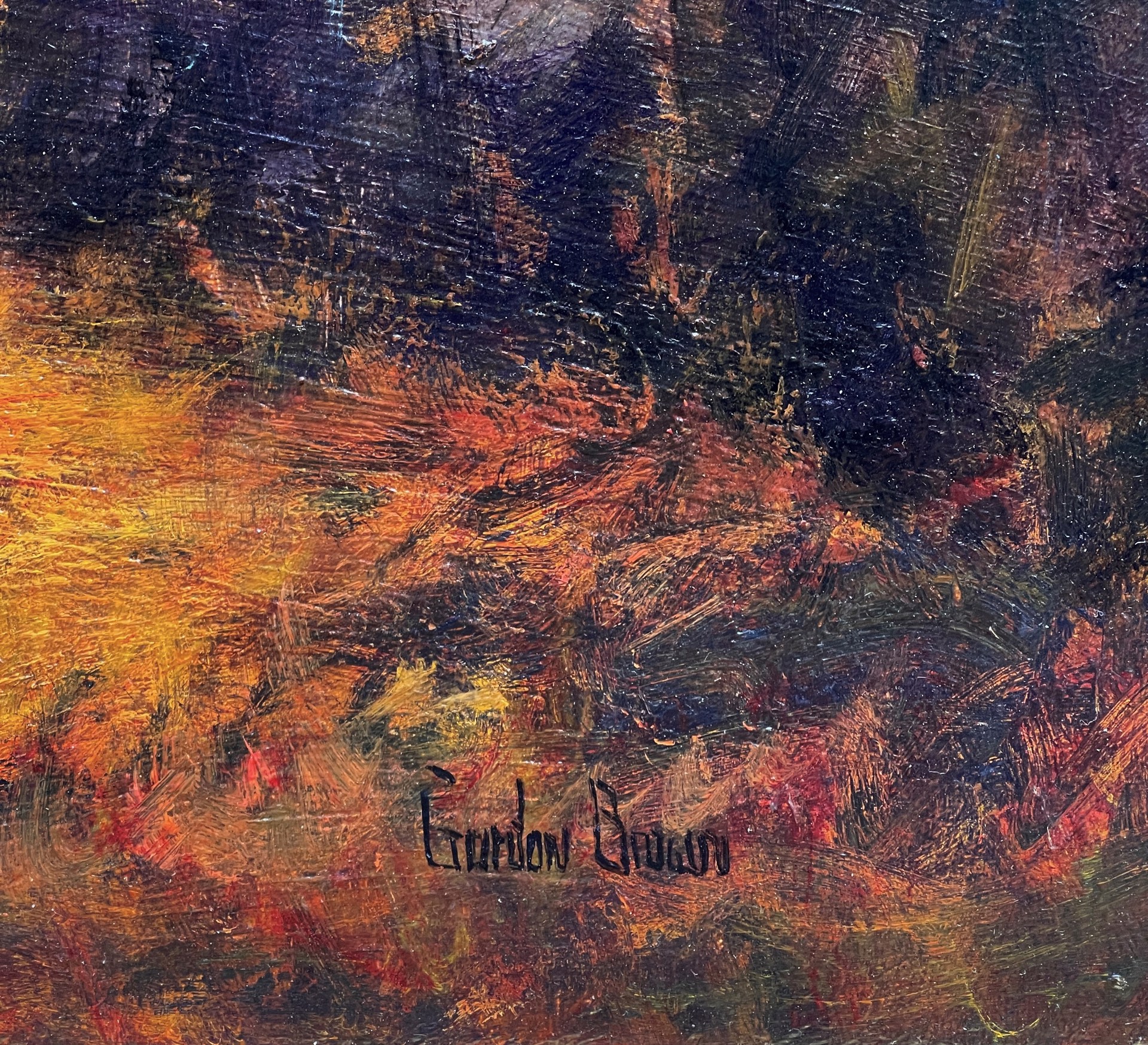 A painting of a river in the middle of a forest.