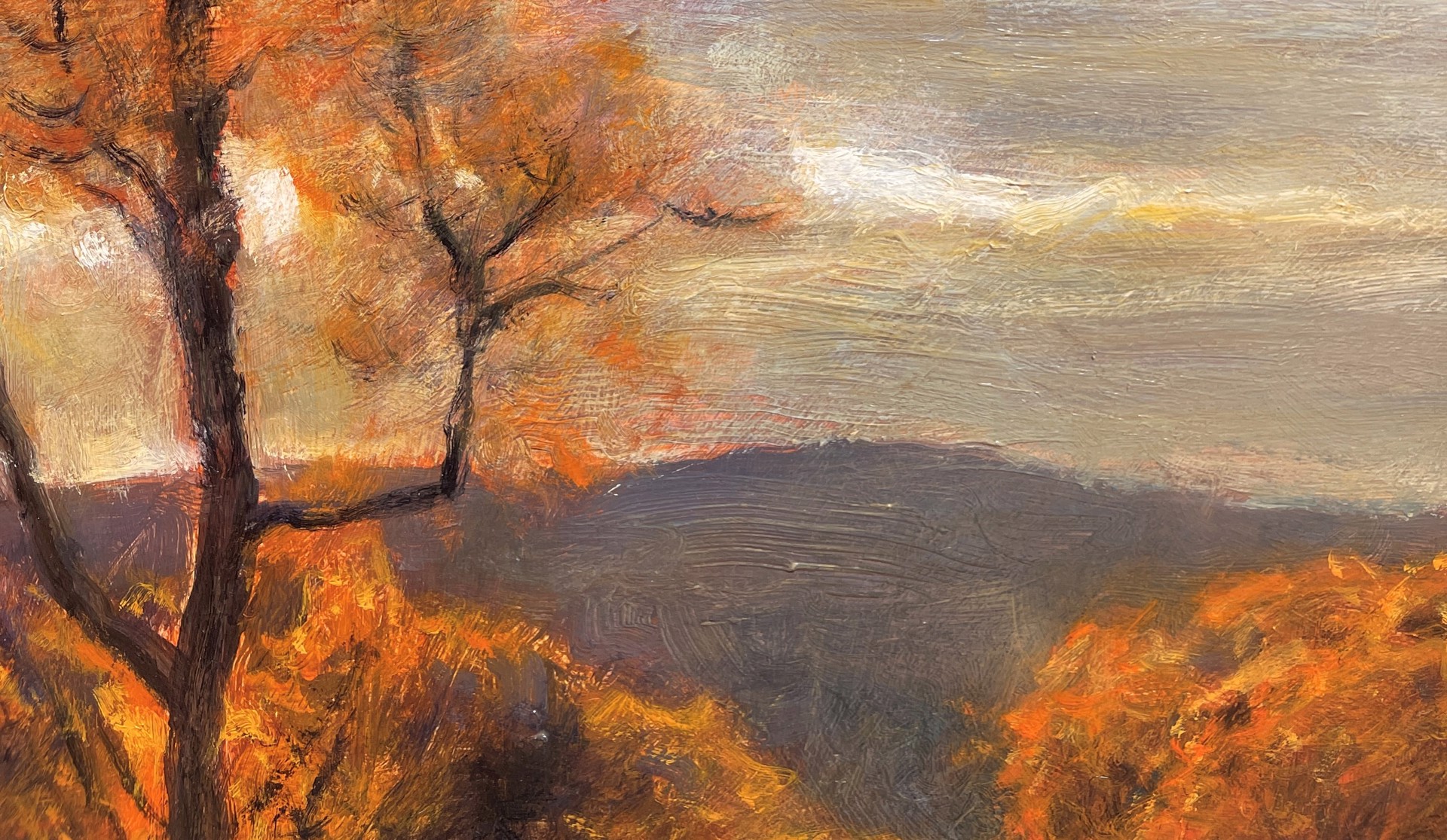 A painting of a river in the middle of a forest.