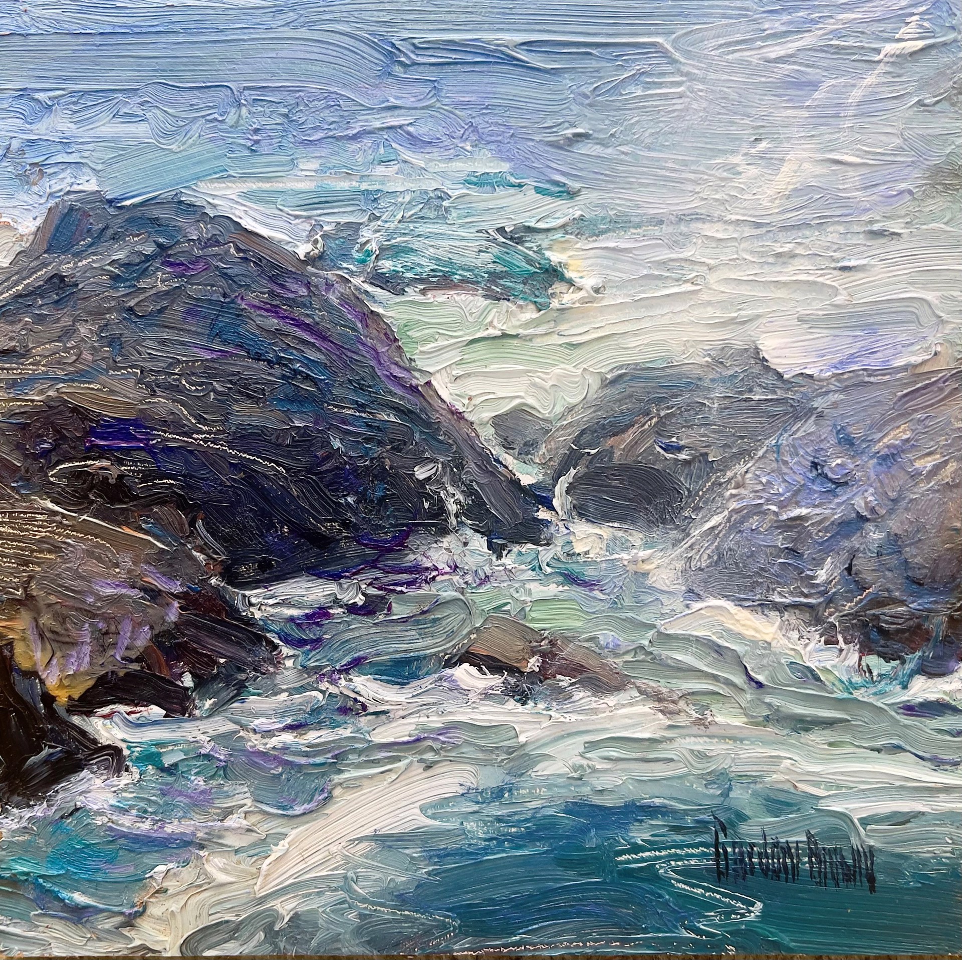 A thickly painted seascape of dark rocks and churning water.