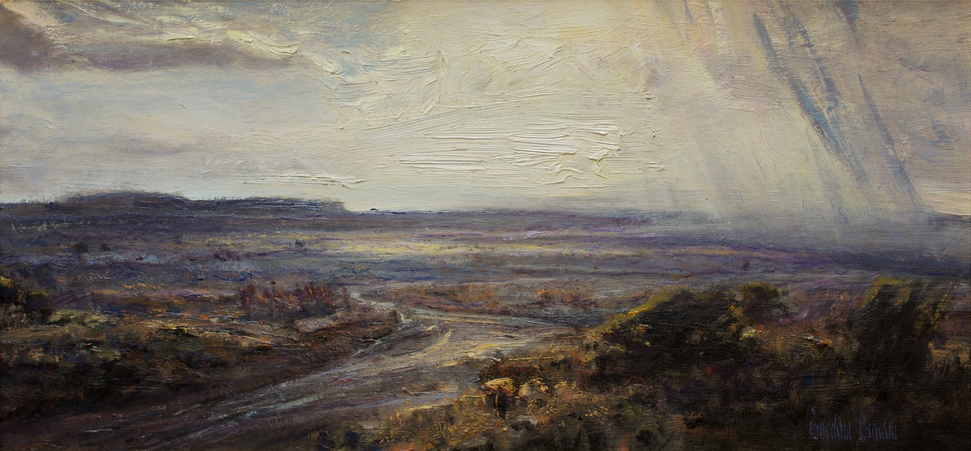A painting of a landscape with a cloudy sky.