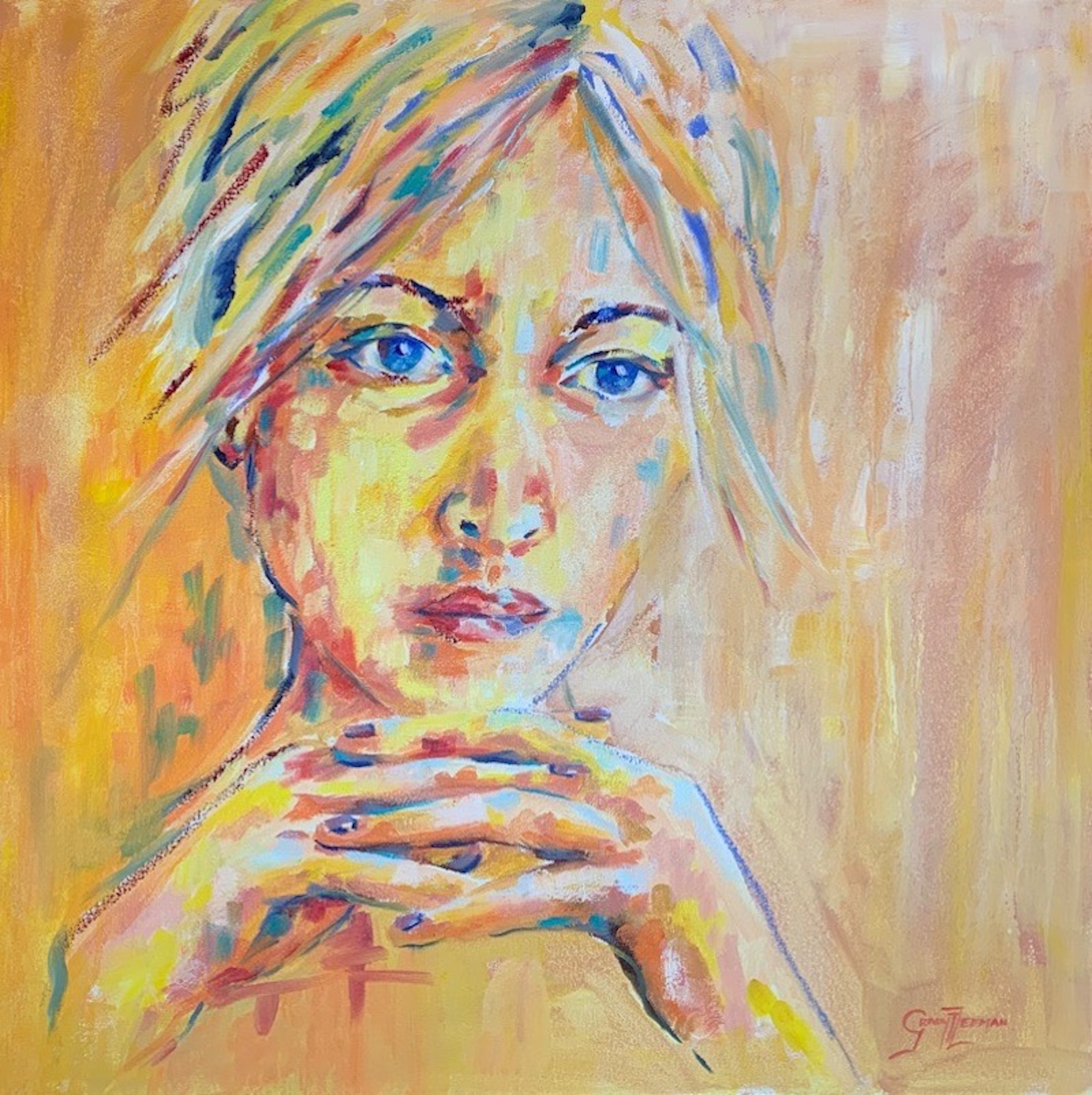 A vibrant portrait of a figure with blue eyes and hands clasped, rendered in warm, expressive brushstrokes.