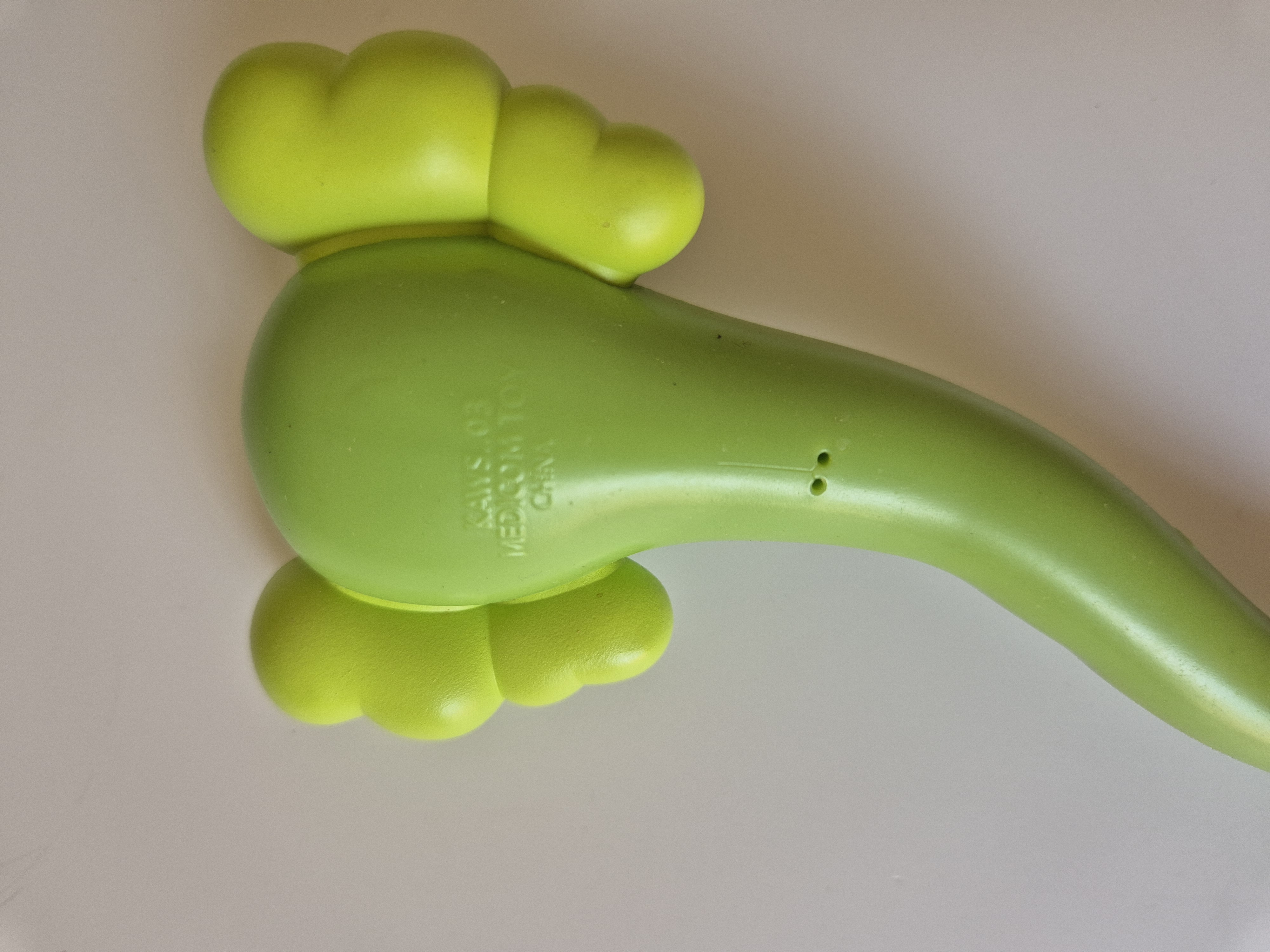 A green snake in a clear plastic box on a wall.