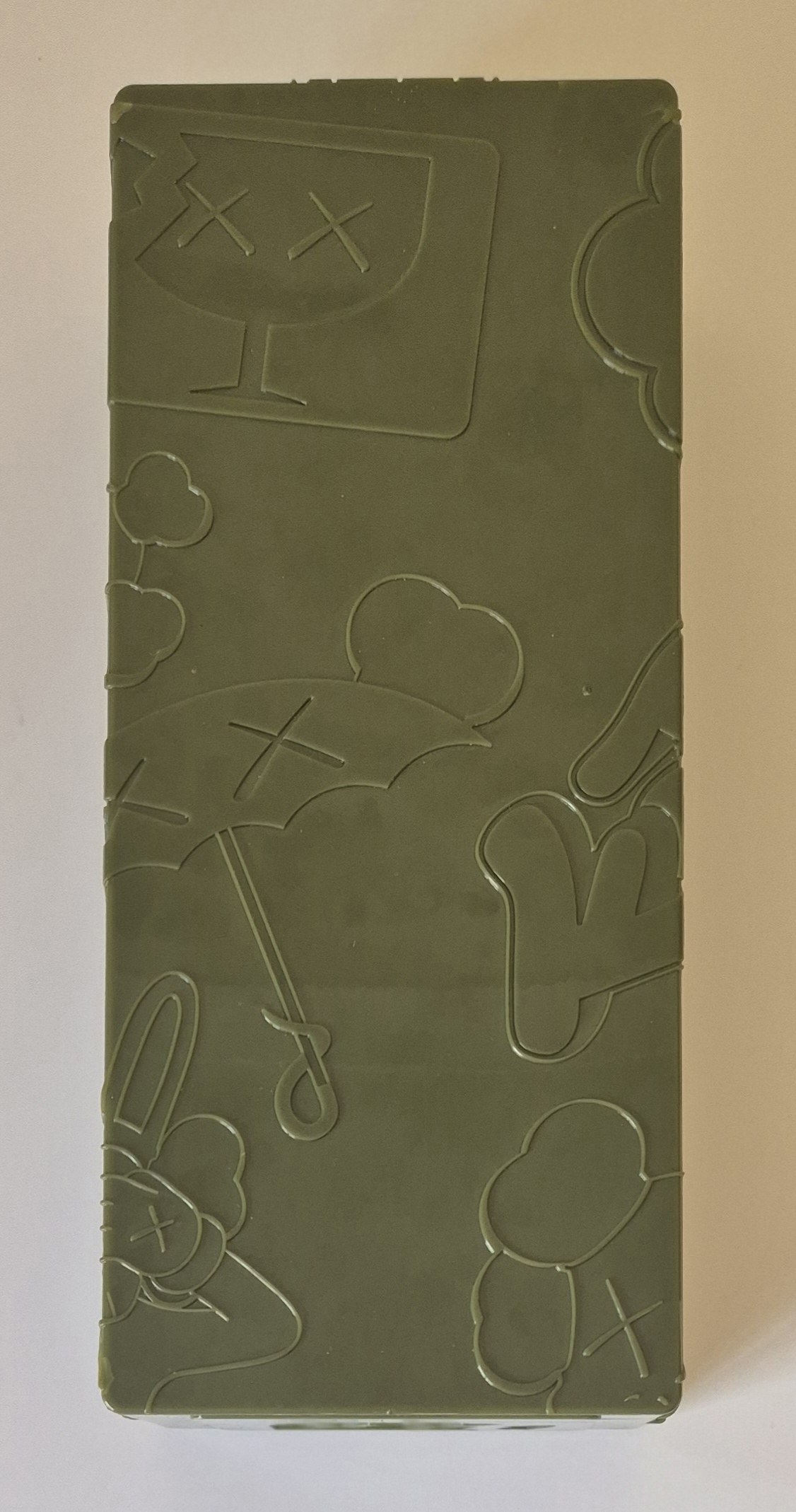 A green snake in a clear plastic box on a wall.